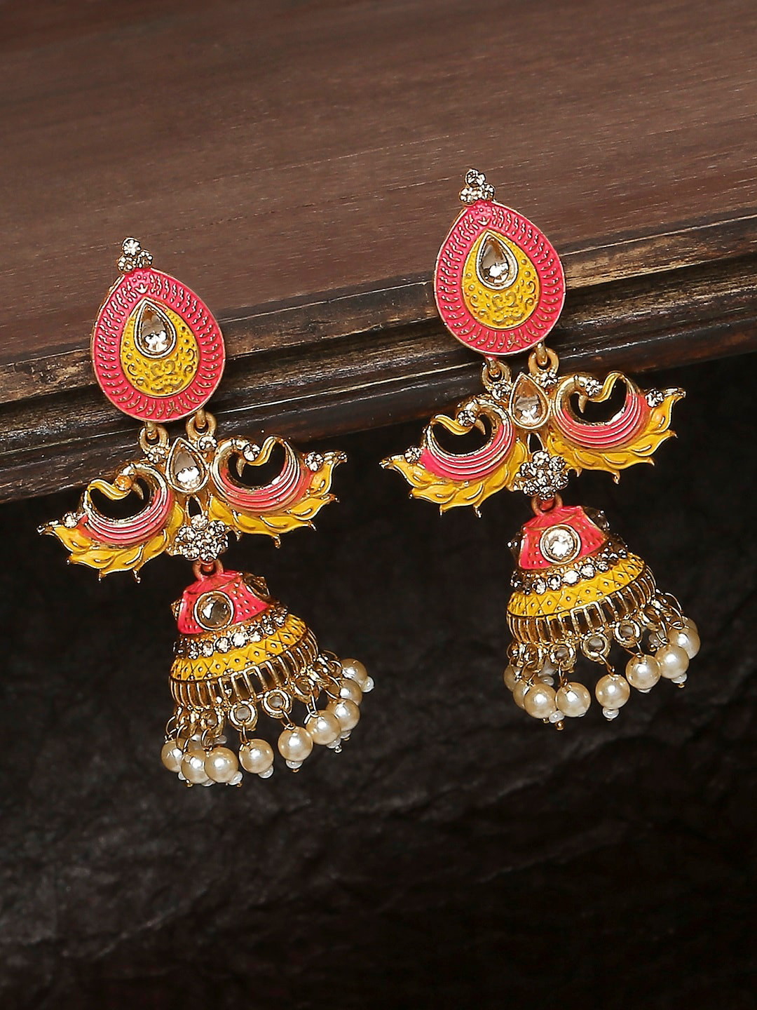 

OOMPH Meenakari Peacock Shaped Jhumkas Earrings, Yellow
