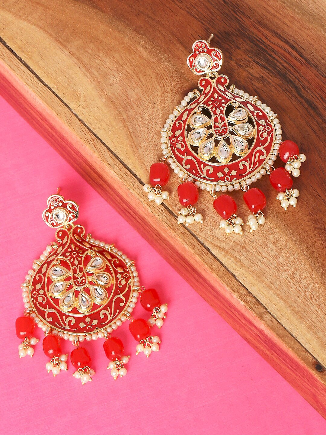 

OOMPH Meenakari & Kundan Pearls Floral Chandbalis Earrings, Red