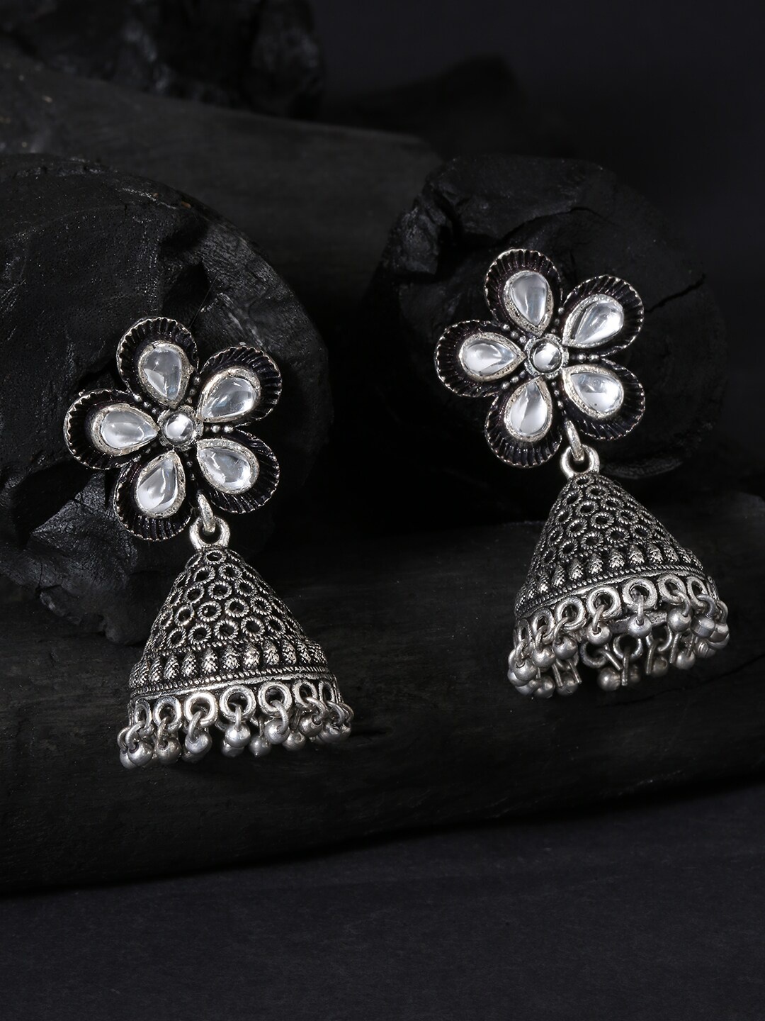 

OOMPH Meenakari Silver-Toned Floral Jhumkas Earrings