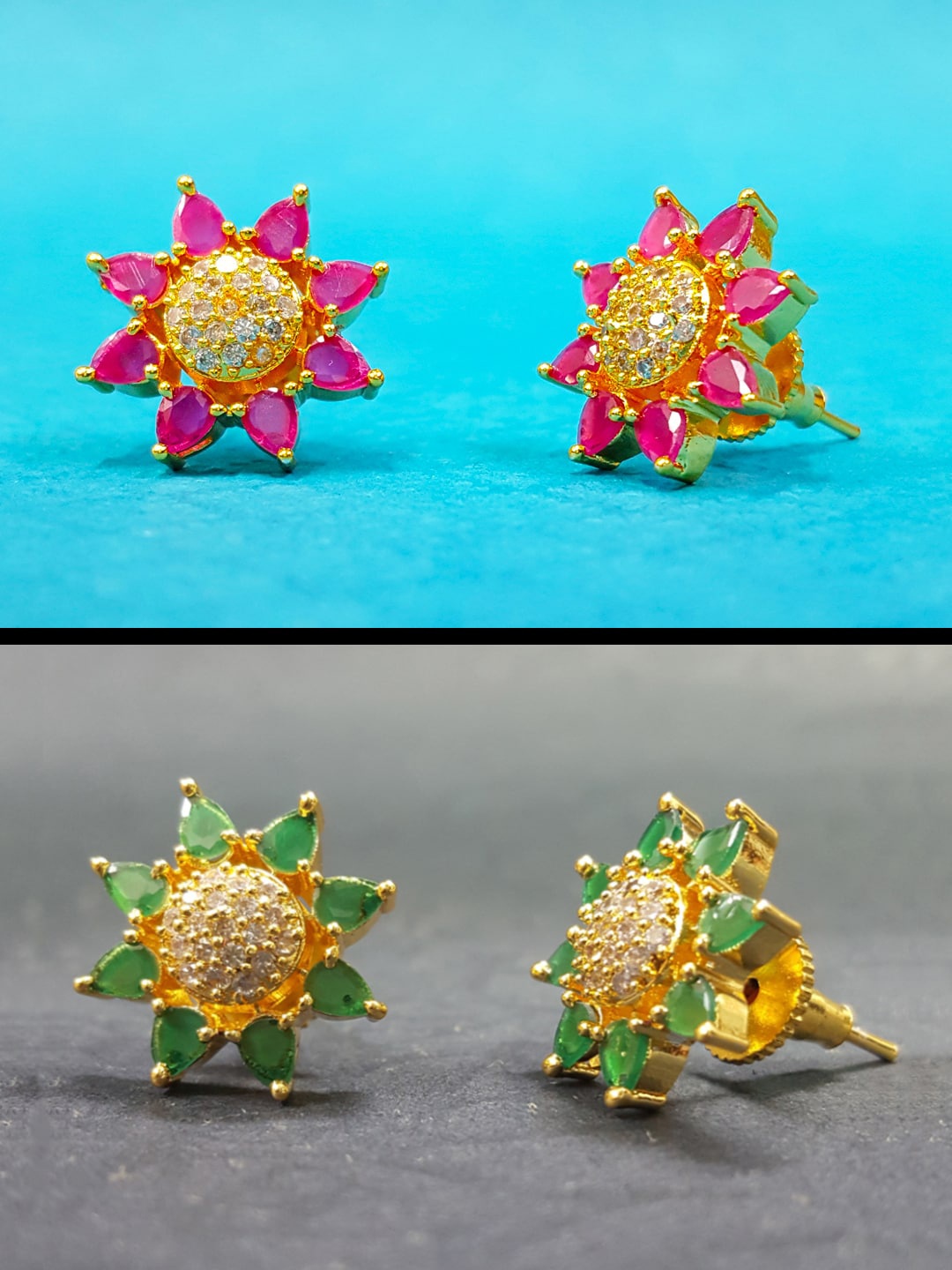 

OOMPH Set Of 2 Cubic Zirconia Gold-Toned Floral Studs Earrings