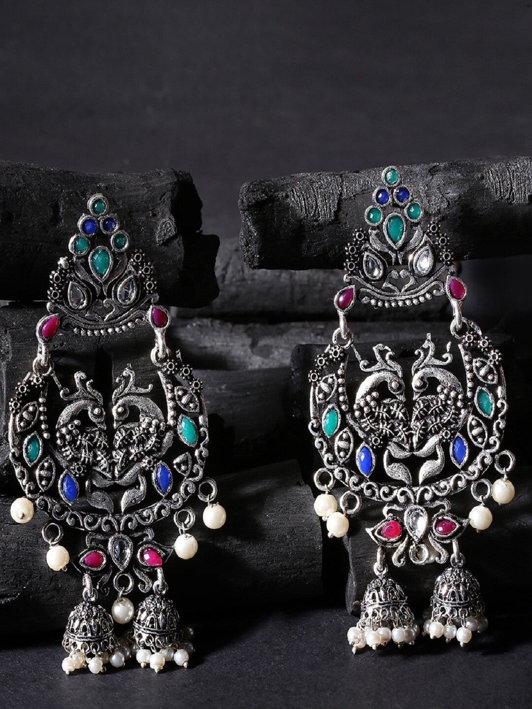 

OOMPH Oxidised Silver-Toned Peacock Shaped Jhumkas Earrings
