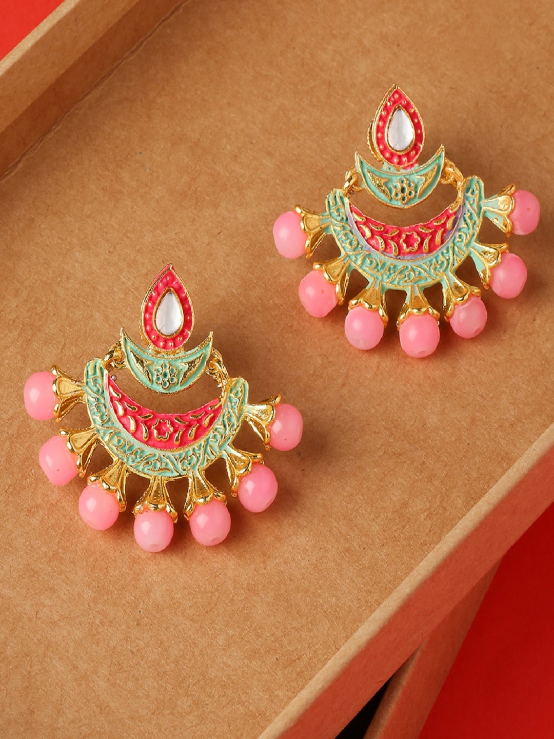 

OOMPH Gold-Toned Meenakari with Kundan & Beads Ethnic Chandbalis Earrings