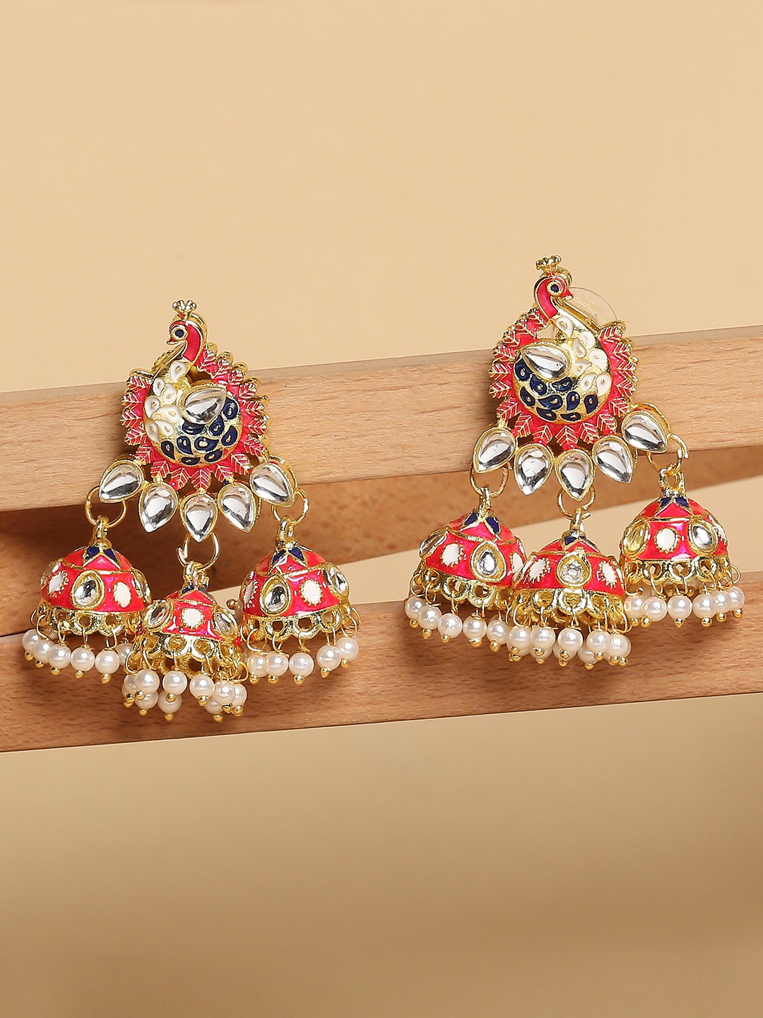 

OOMPH Gold-Toned Meenakari Peacock Shaped Jhumkas Earrings