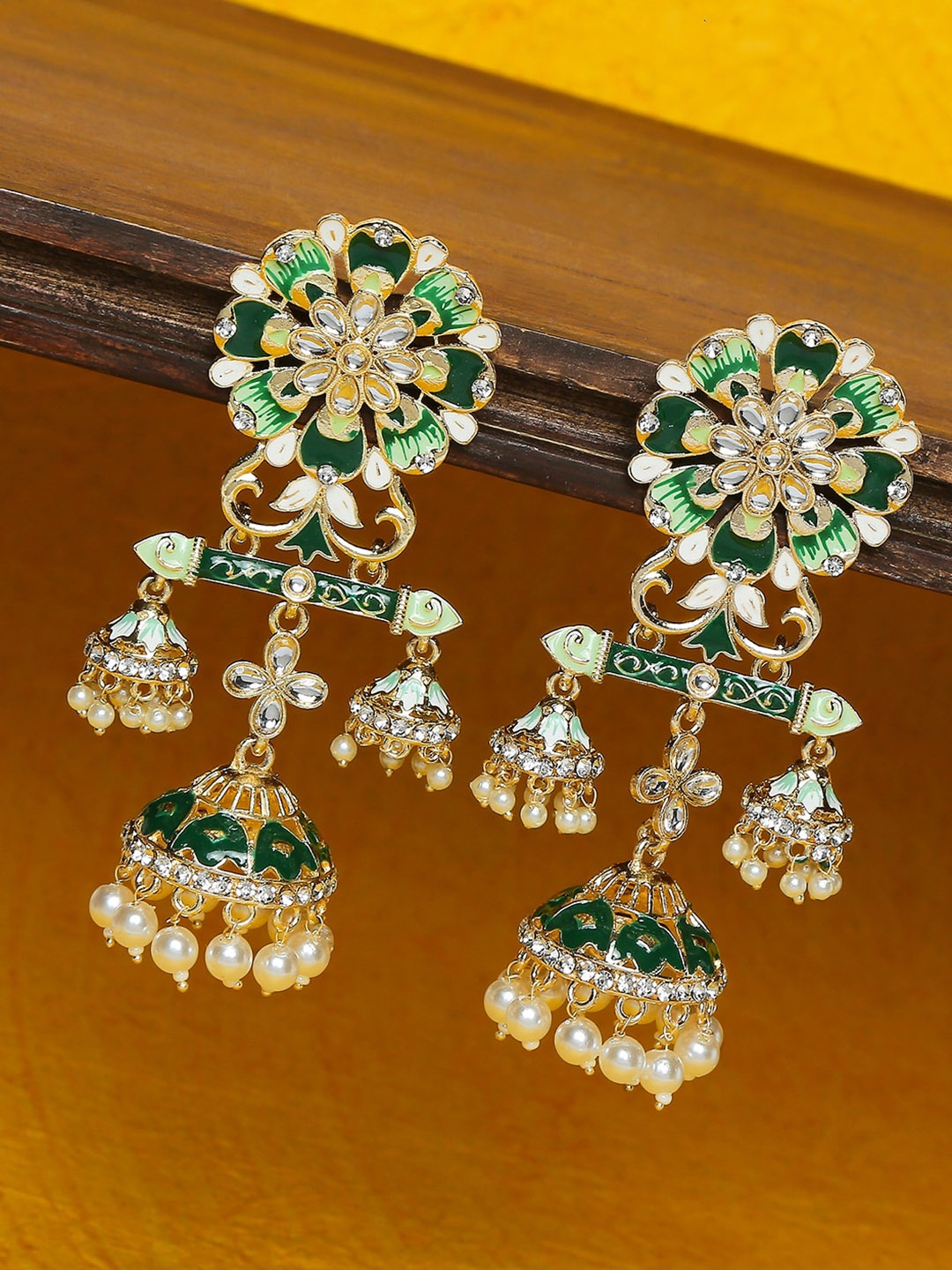 

OOMPH Gold-Toned Meenakari Floral Shape Large Jhumkas Earrings