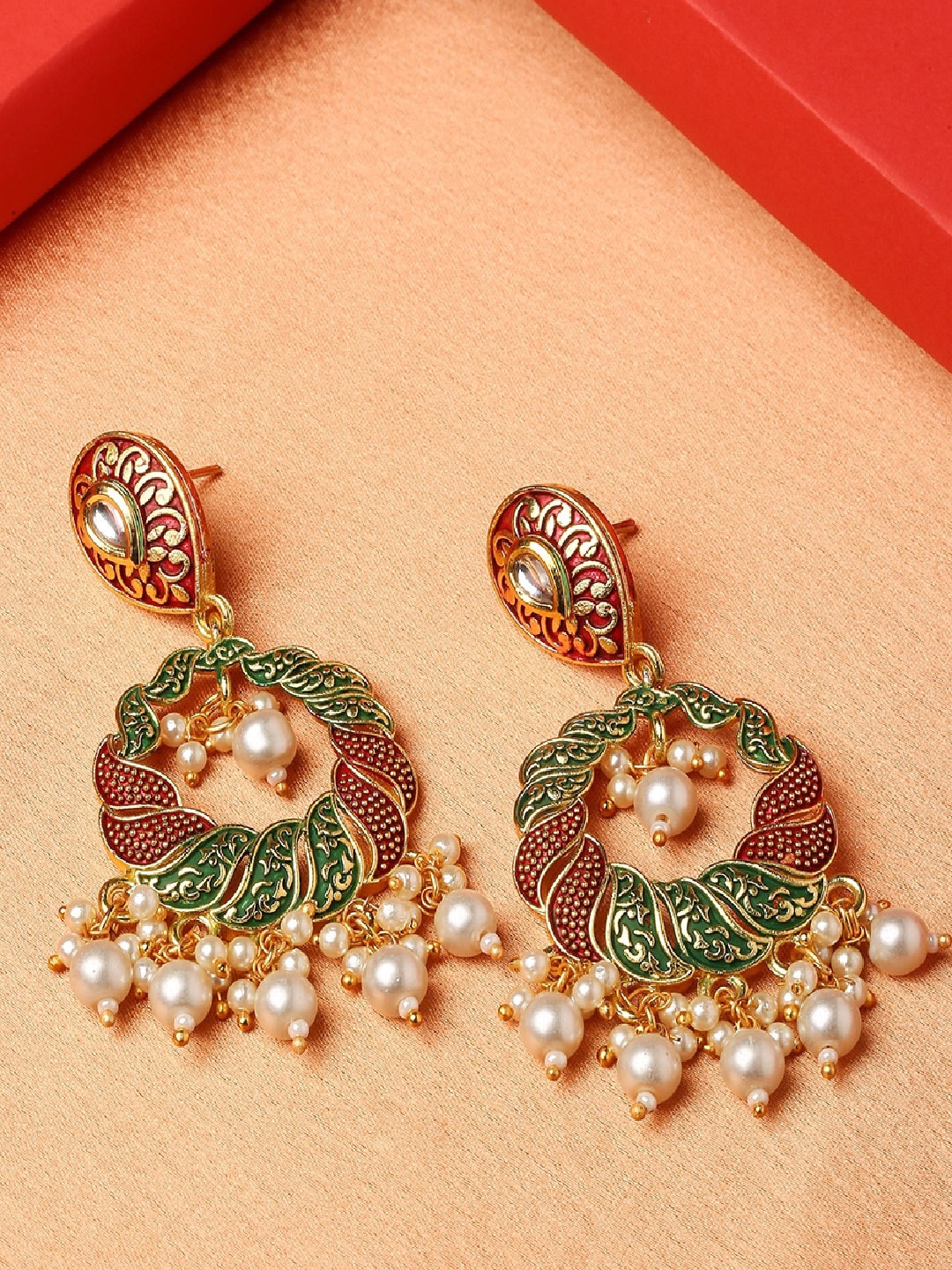 

OOMPH Meenakari Enamel with Kundan & Pearls Circular Chandbalis Earrings, Gold