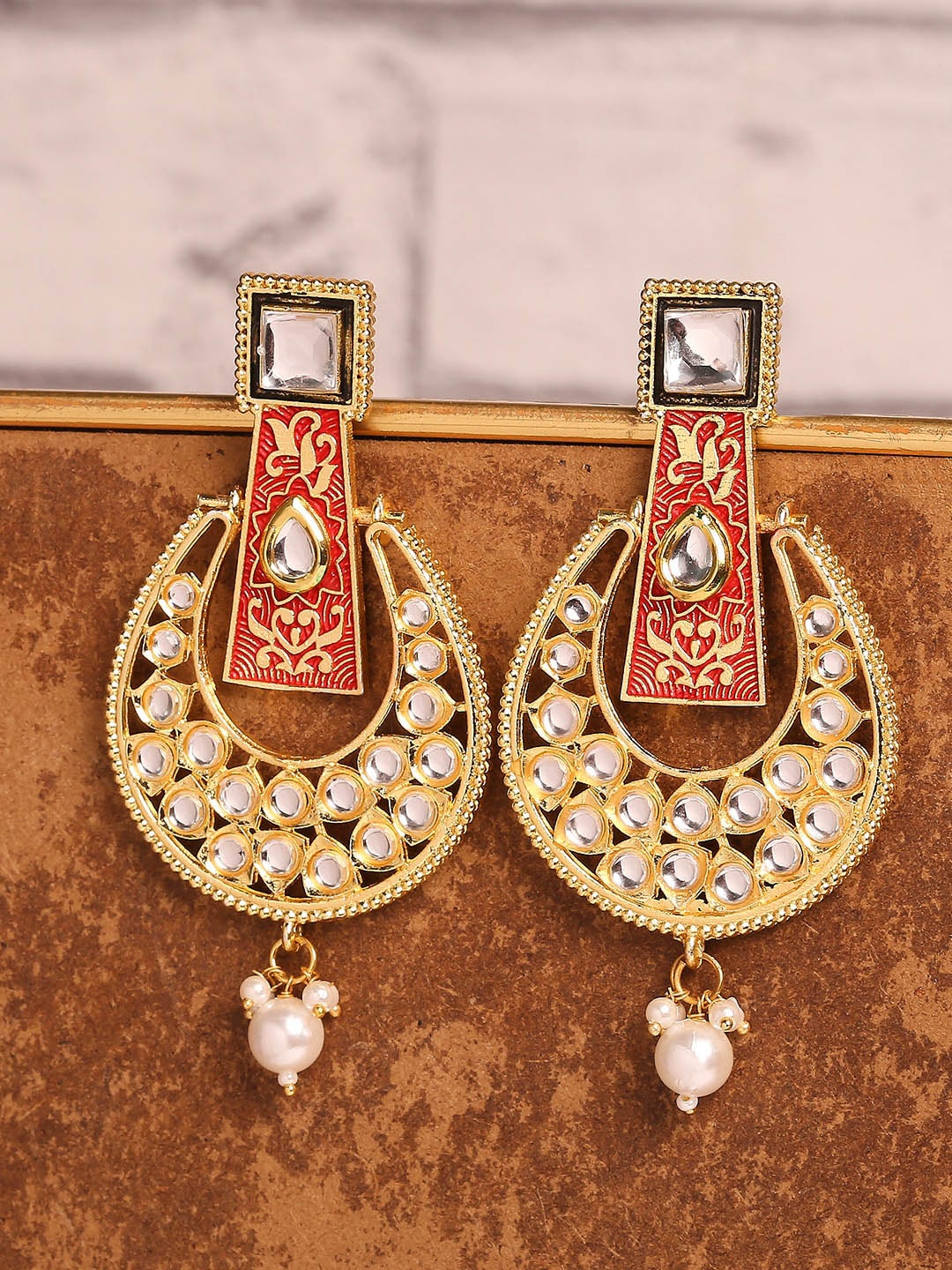 

OOMPH Meenakari & Kundan Ethnic Large Gold-Toned Chandbalis Earrings