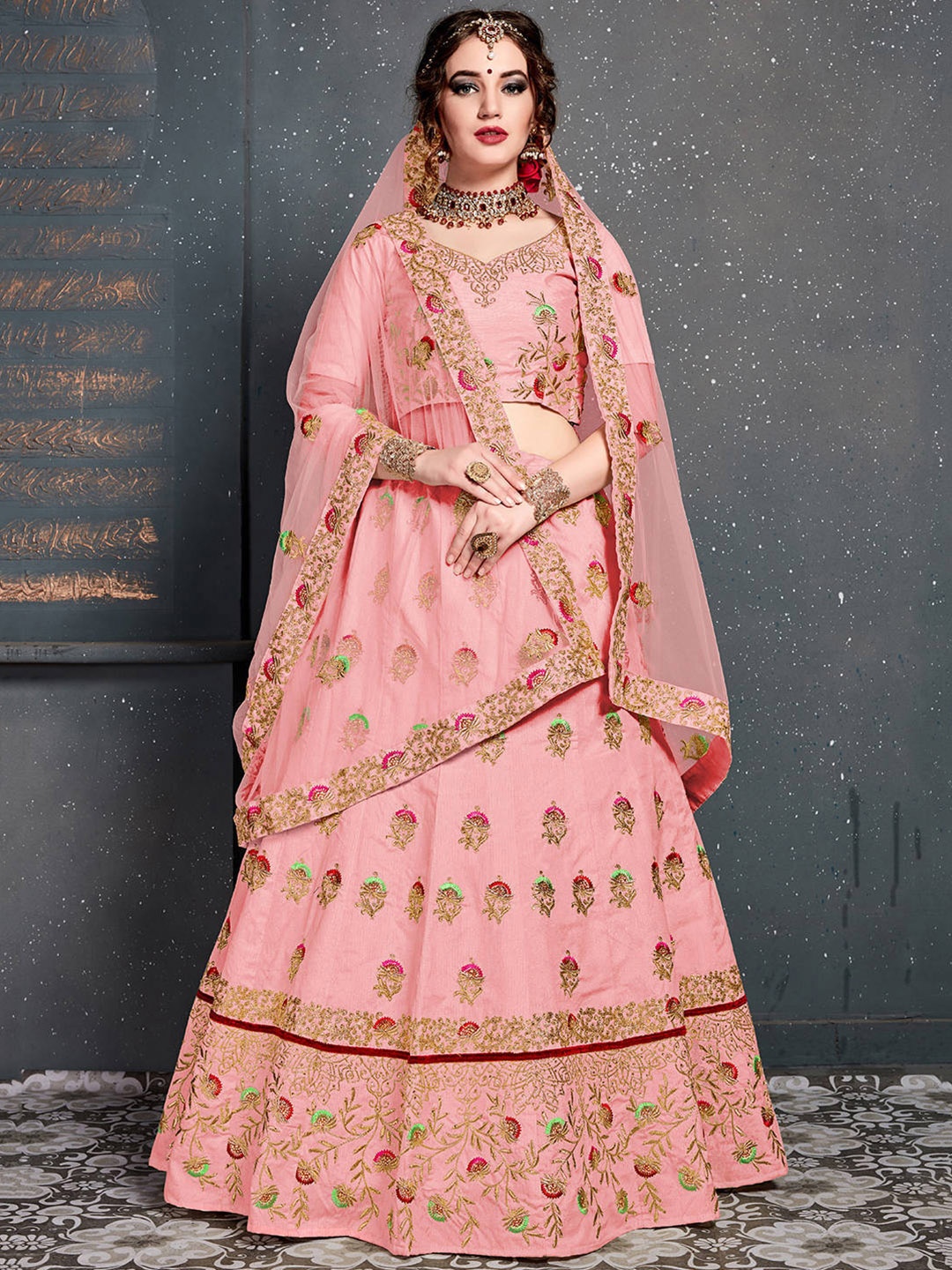 

FABPIXEL Pink & Green Embroidered Semi-Stitched Lehenga & Unstitched Blouse With Dupatta