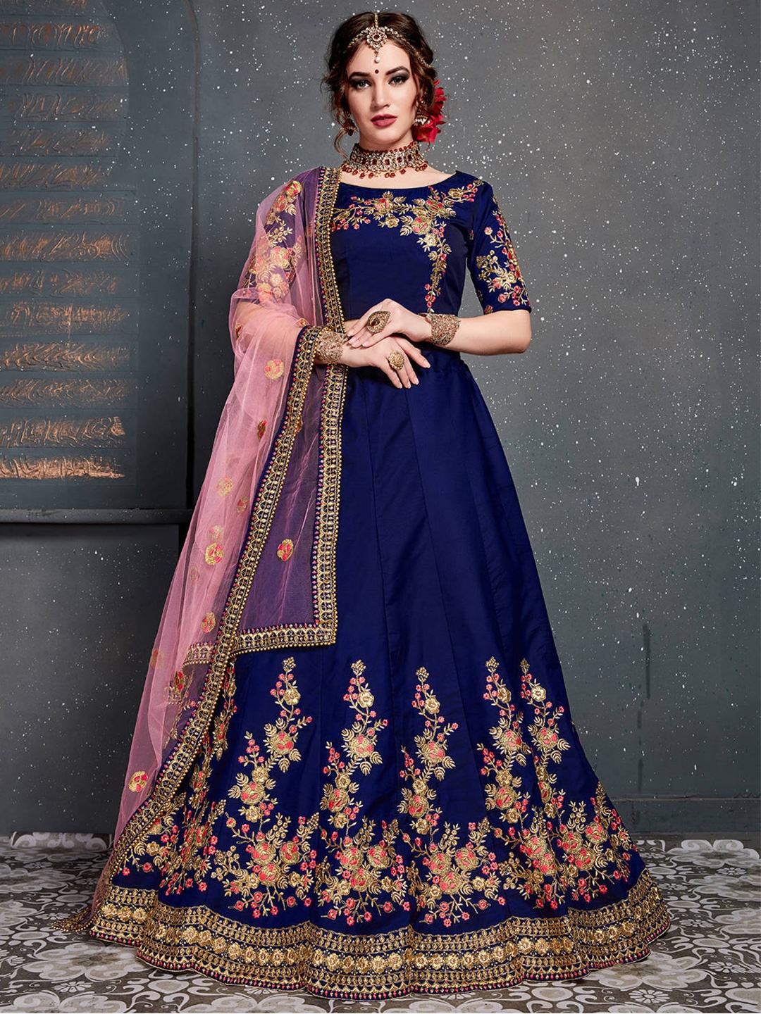 

FABPIXEL Blue & Gold-Toned Embroidered Semi-Stitched Lehenga & Unstitched Blouse With Dupatta