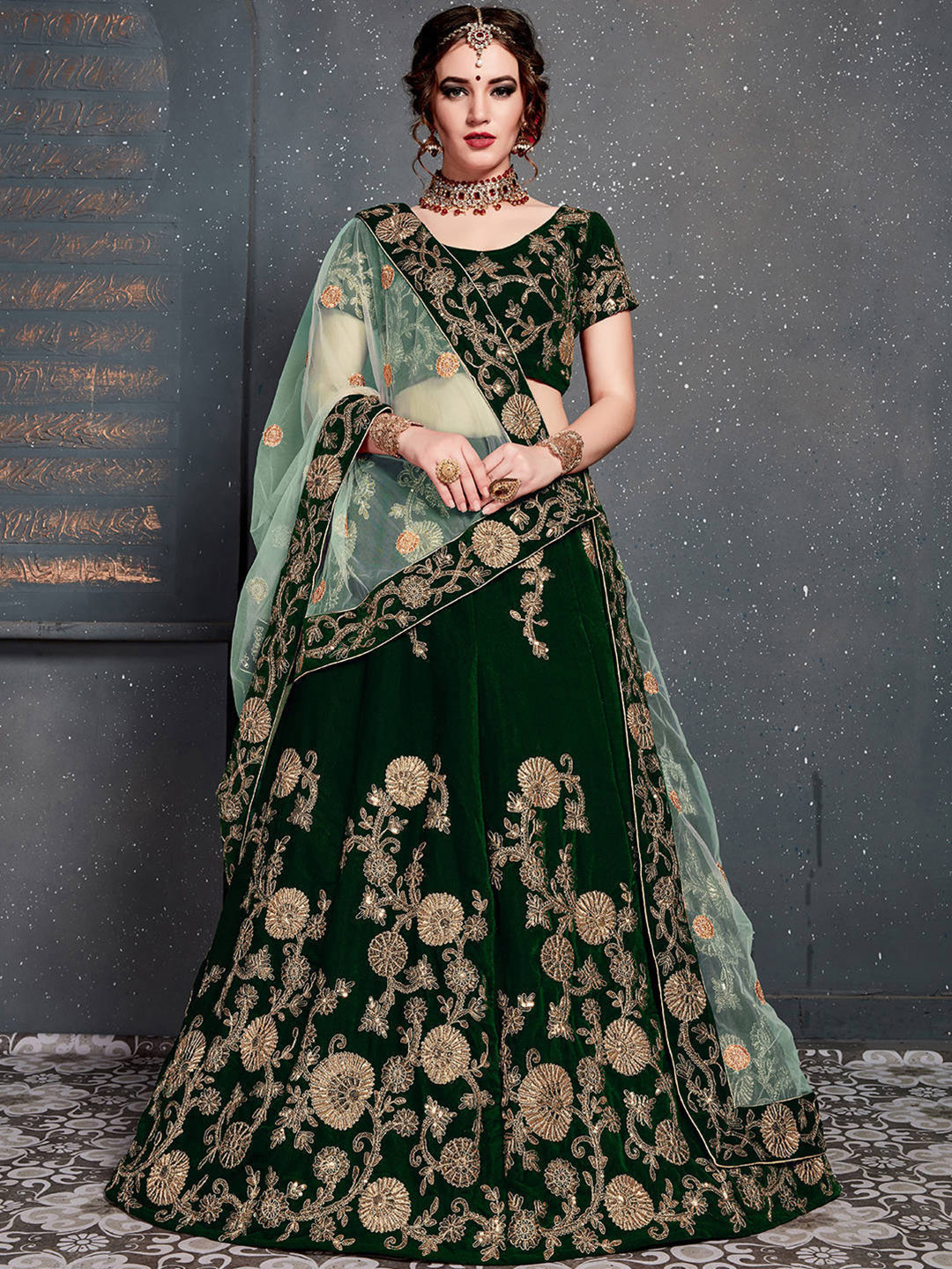 

FABPIXEL Green & Black Embroidered Semi-Stitched Lehenga & Unstitched Blouse With Dupatta