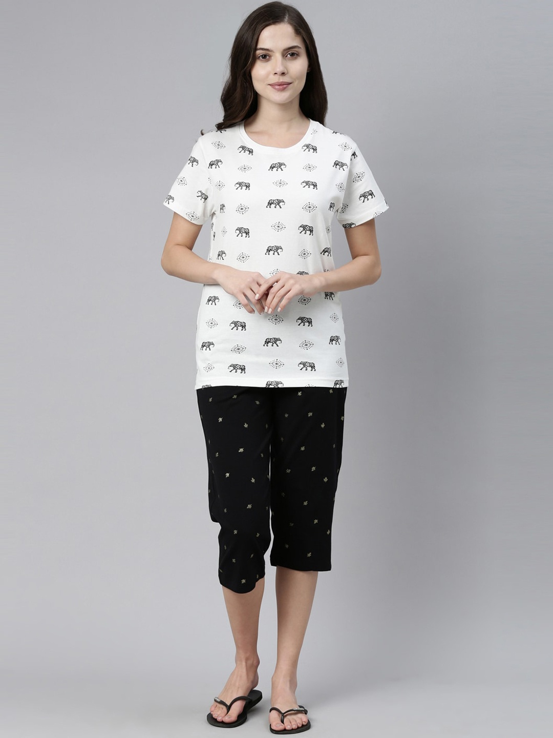 

Kryptic Women Printed Pure Cotton Night Suit, Off white
