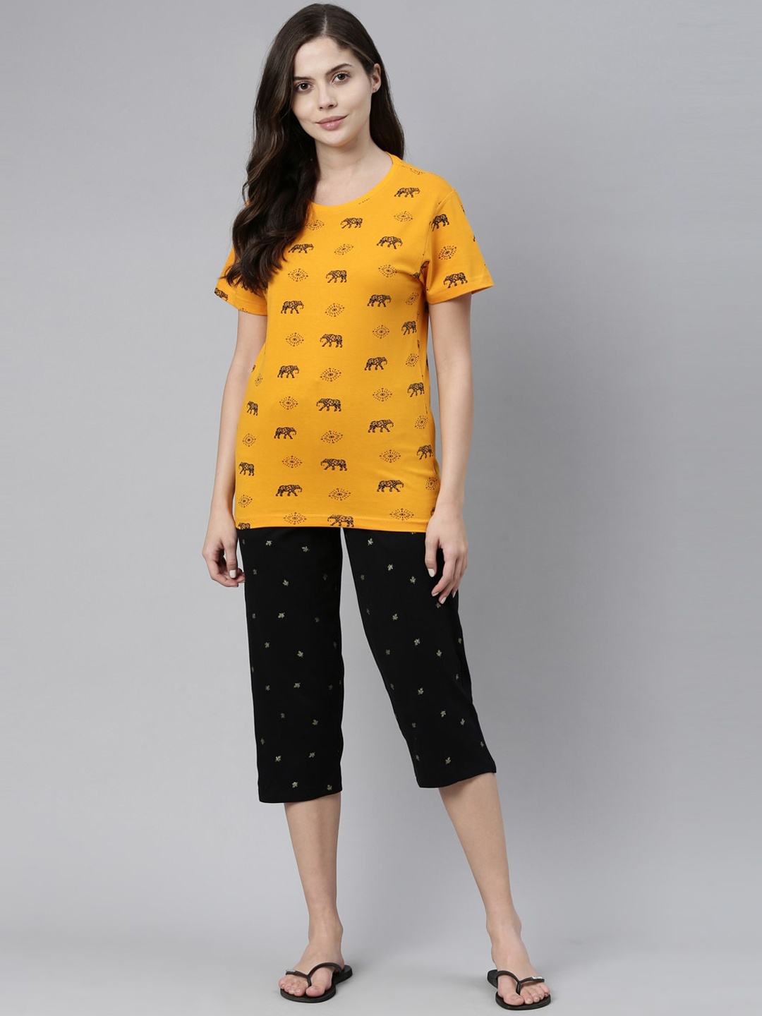 

Kryptic Women Printed Pure Cotton Night Suit, Mustard