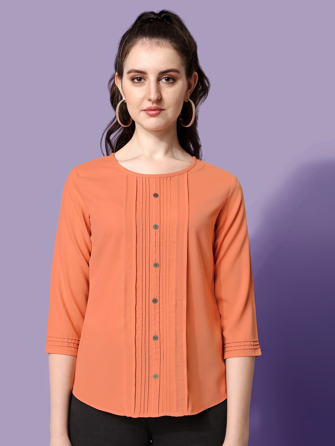 

Prettify Women Orange Solid Pleated Top