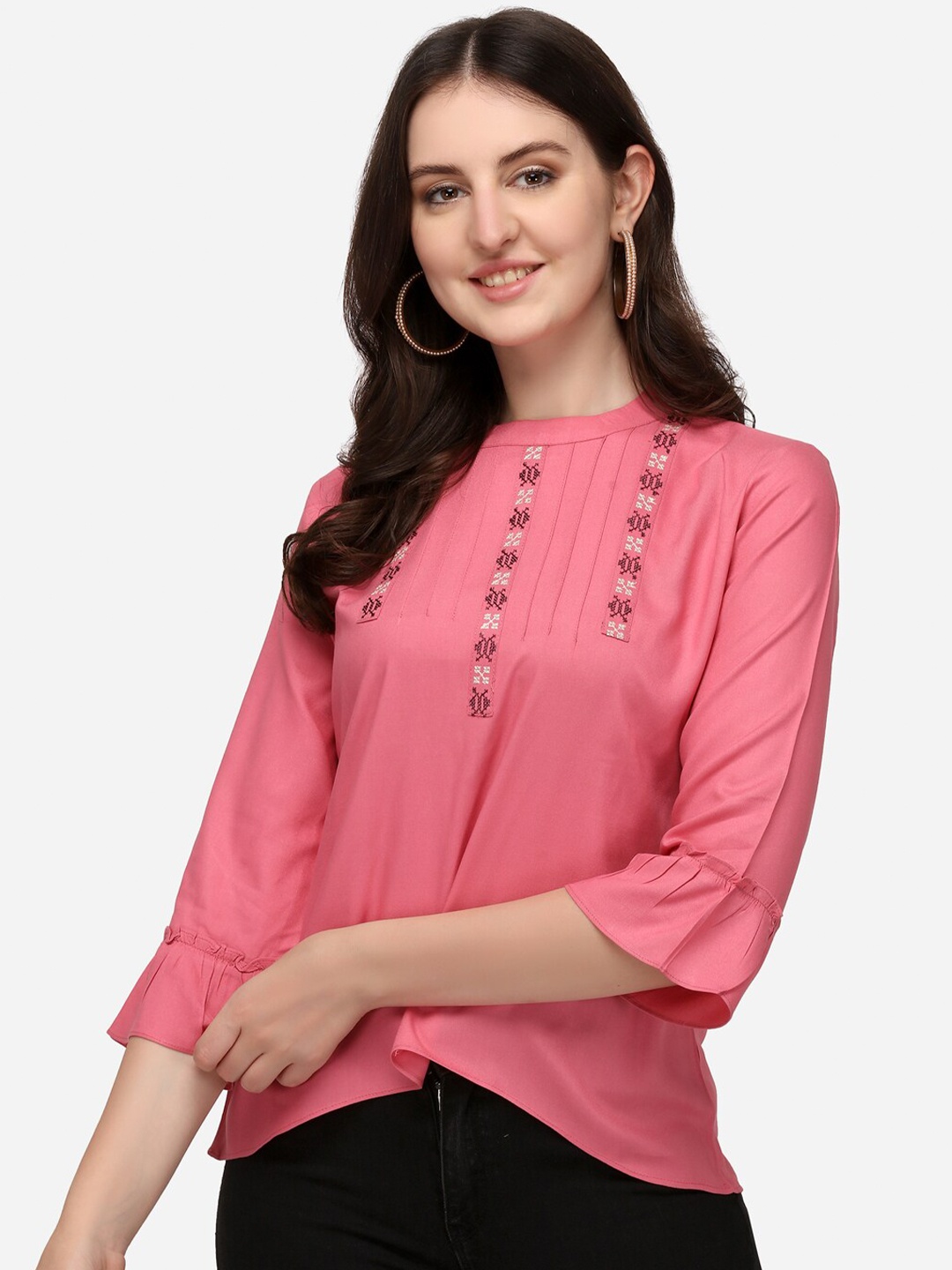 

Prettify Women Pink Mandarin Collar Embroidered Top