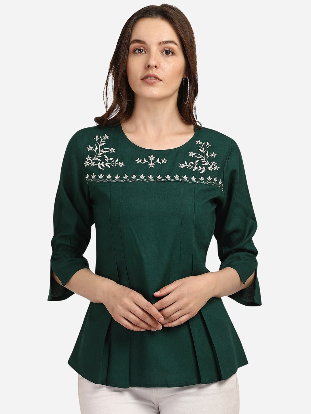 

Prettify Women Green 3/4 Sleeves Embroidered Peplum Top