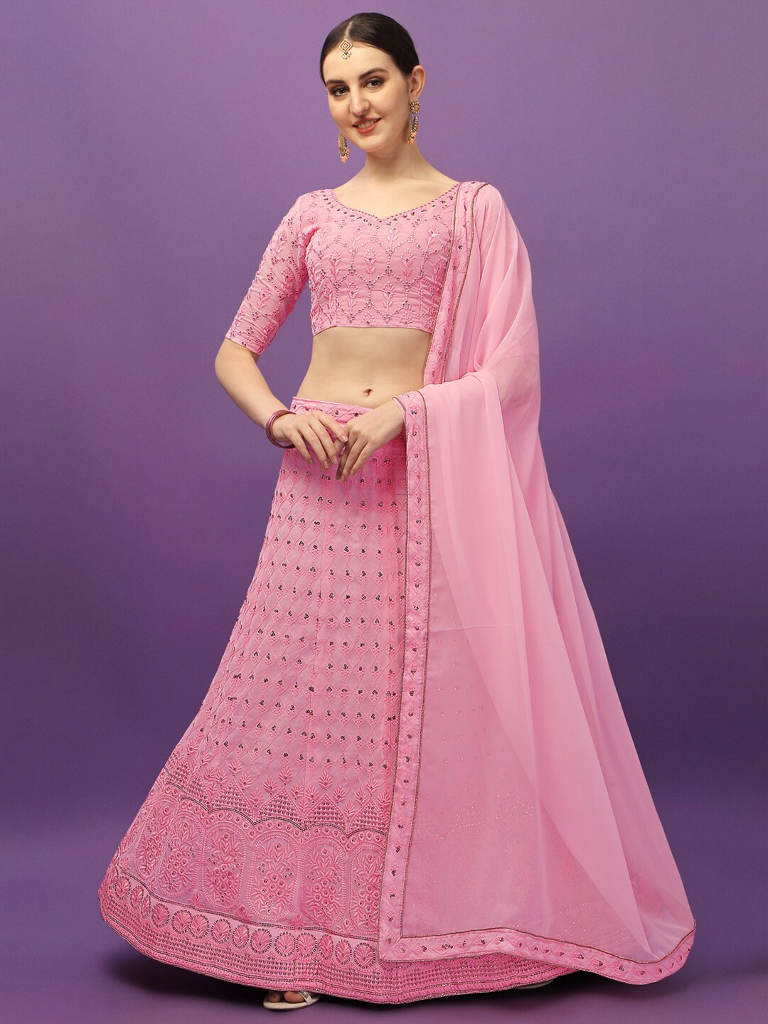 

Fab Viva Pink Embroidered Thread Work Semi-Stitched Lehenga & Unstitched Blouse With Dupatta