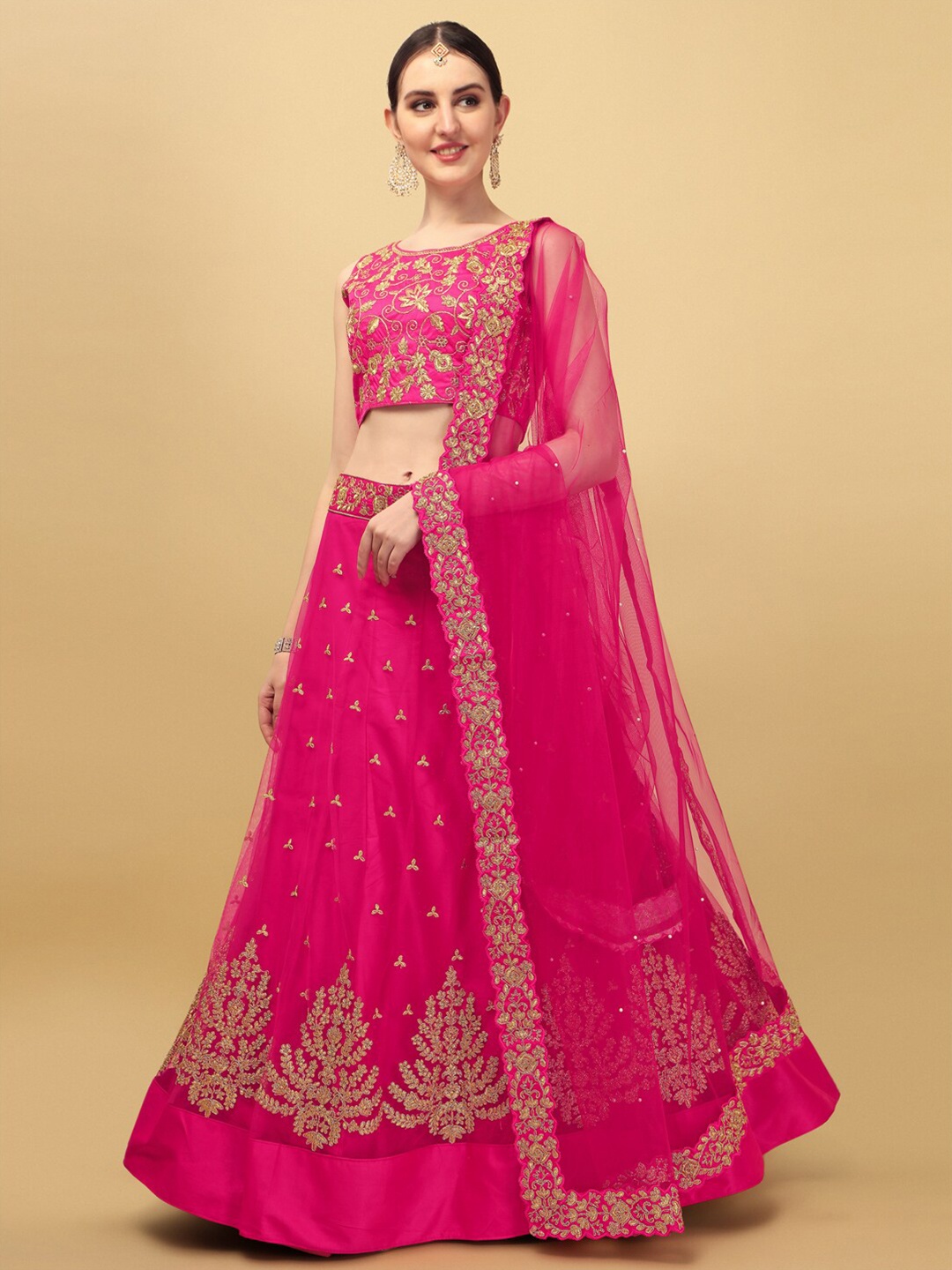 

Fab Viva Pink & Gold-Toned Embroidered Sequinned Semi-Stitched Lehenga & Unstitched Blouse With Dupatta