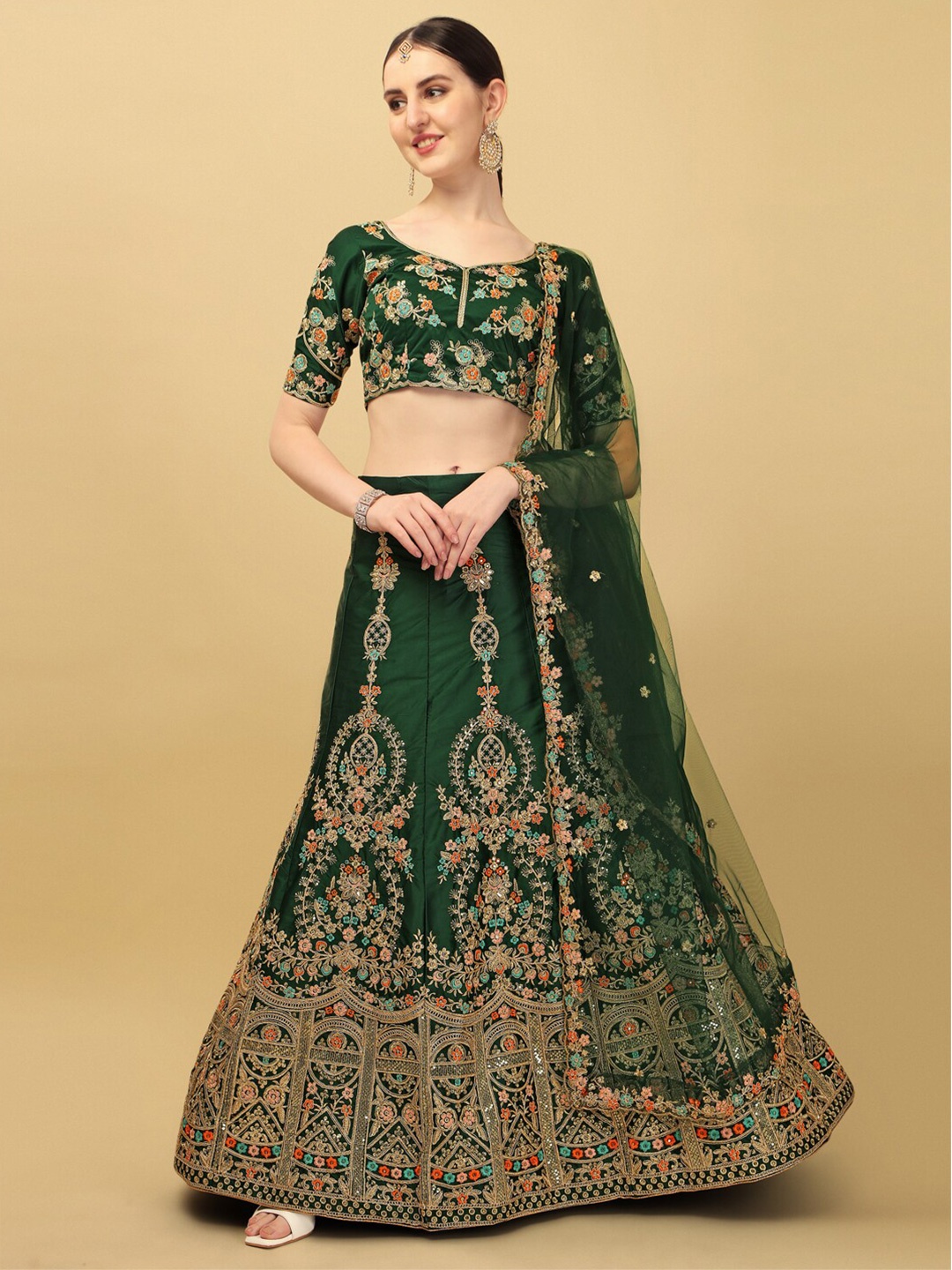 

Fab Viva Olive Green & Gold-Toned Embroidered Semi-Stitched Lehenga & Unstitched Blouse With Dupatta