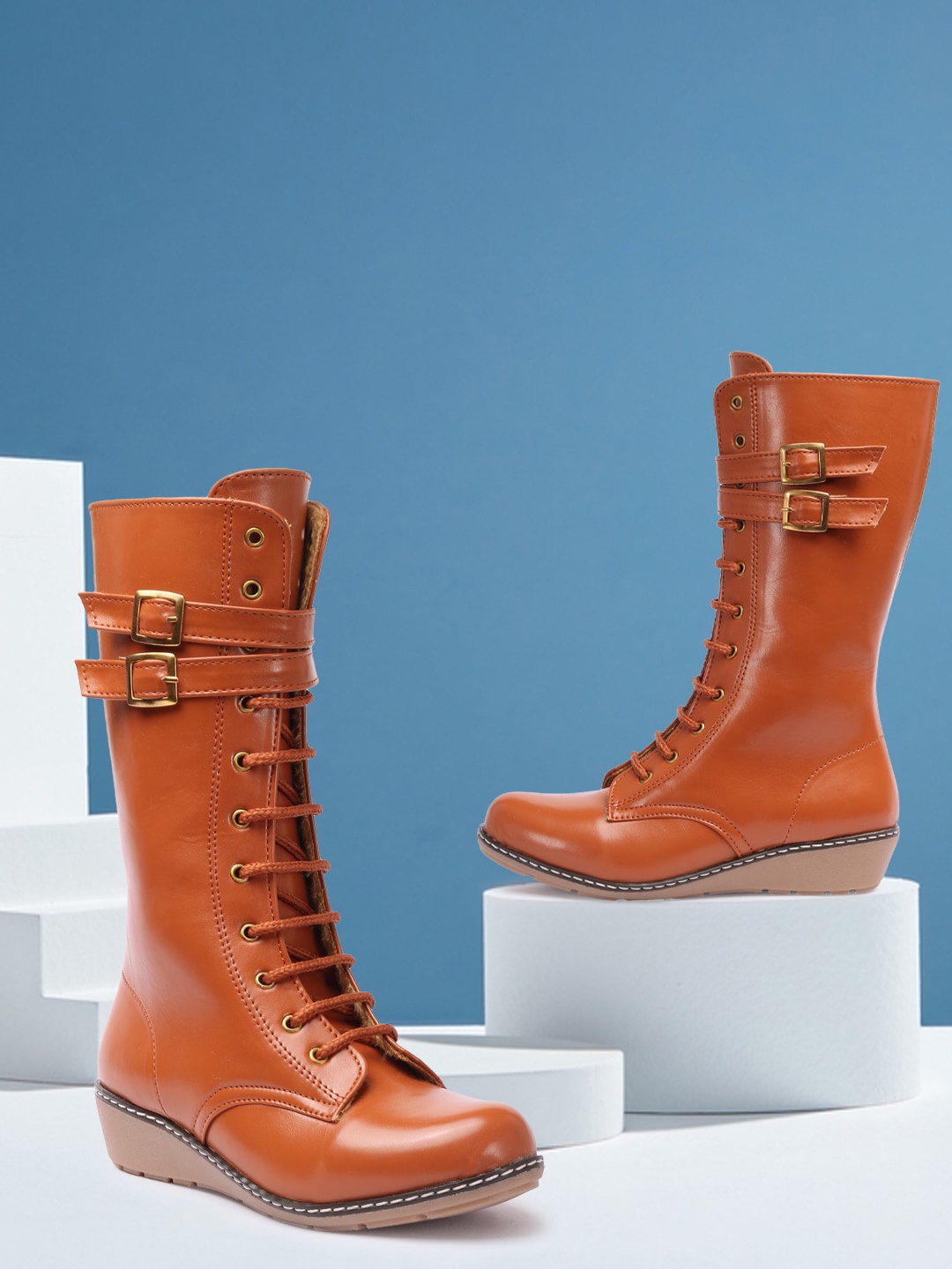 

RINDAS Women Tan-Brown Solid Casual Wedge Winter Boots