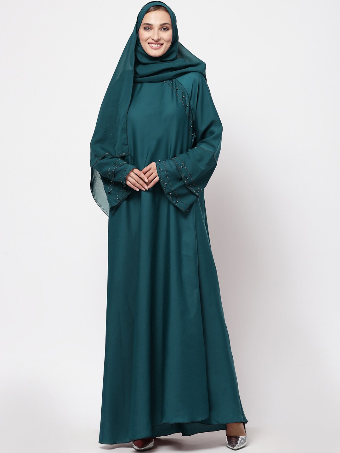 

KLOTTHE Women Turquoise Blue Solid Embellished Burqa With Scarve