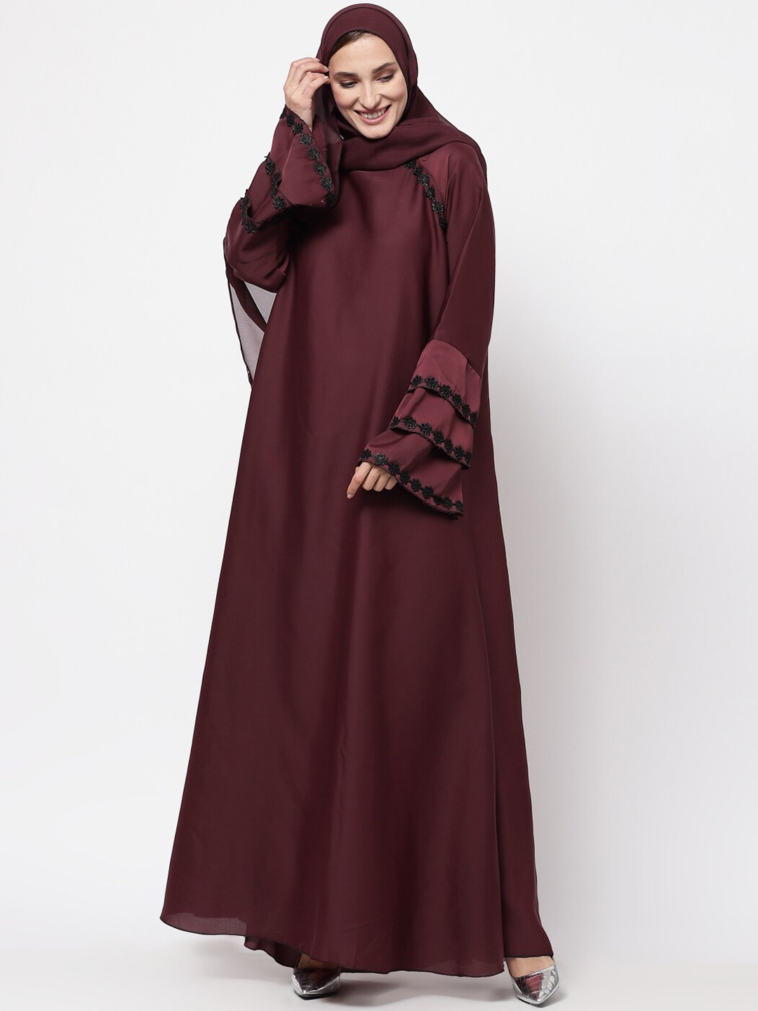 

KLOTTHE Women Maroon Embellished Burqa With Scarves