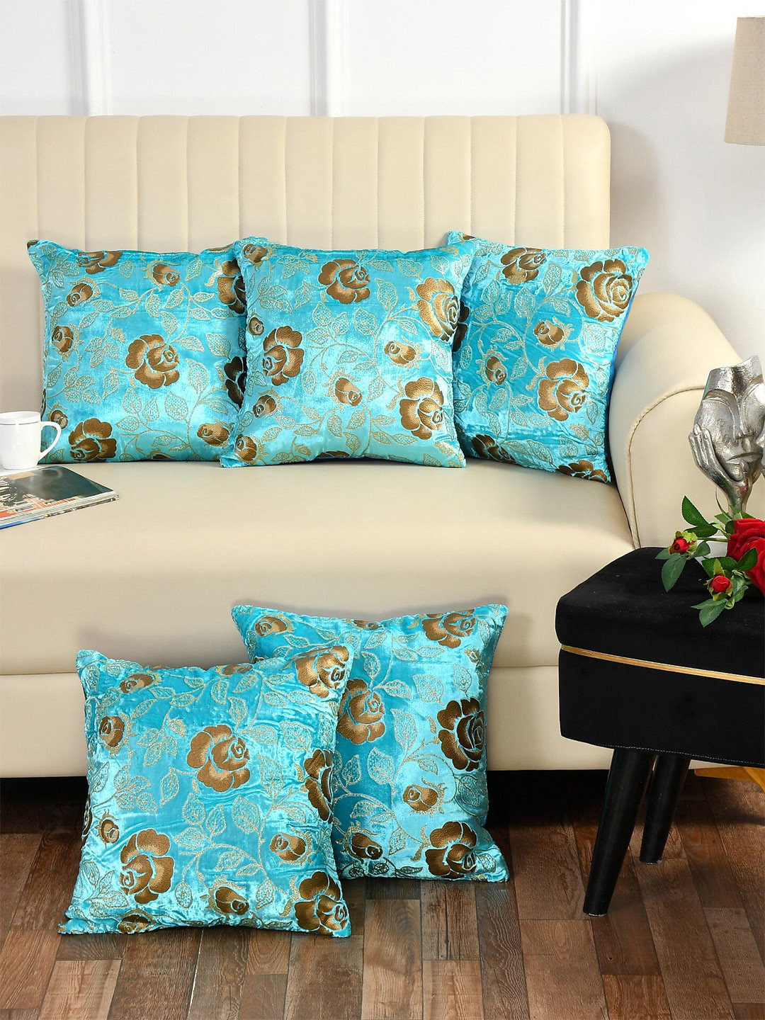 

Bajo's Turquoise Blue & Brown Set of 5 Floral Square Cushion Covers