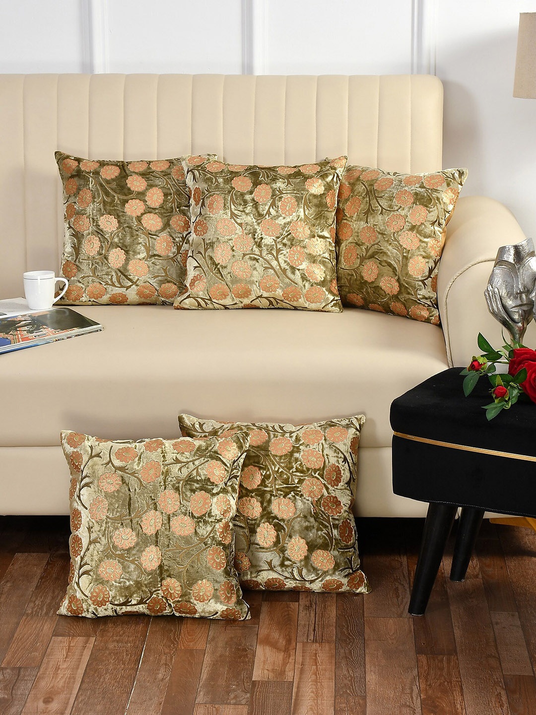 

Bajo's Gold-Toned & Peach-Coloured Set of 5 Floral Square Cushion Covers