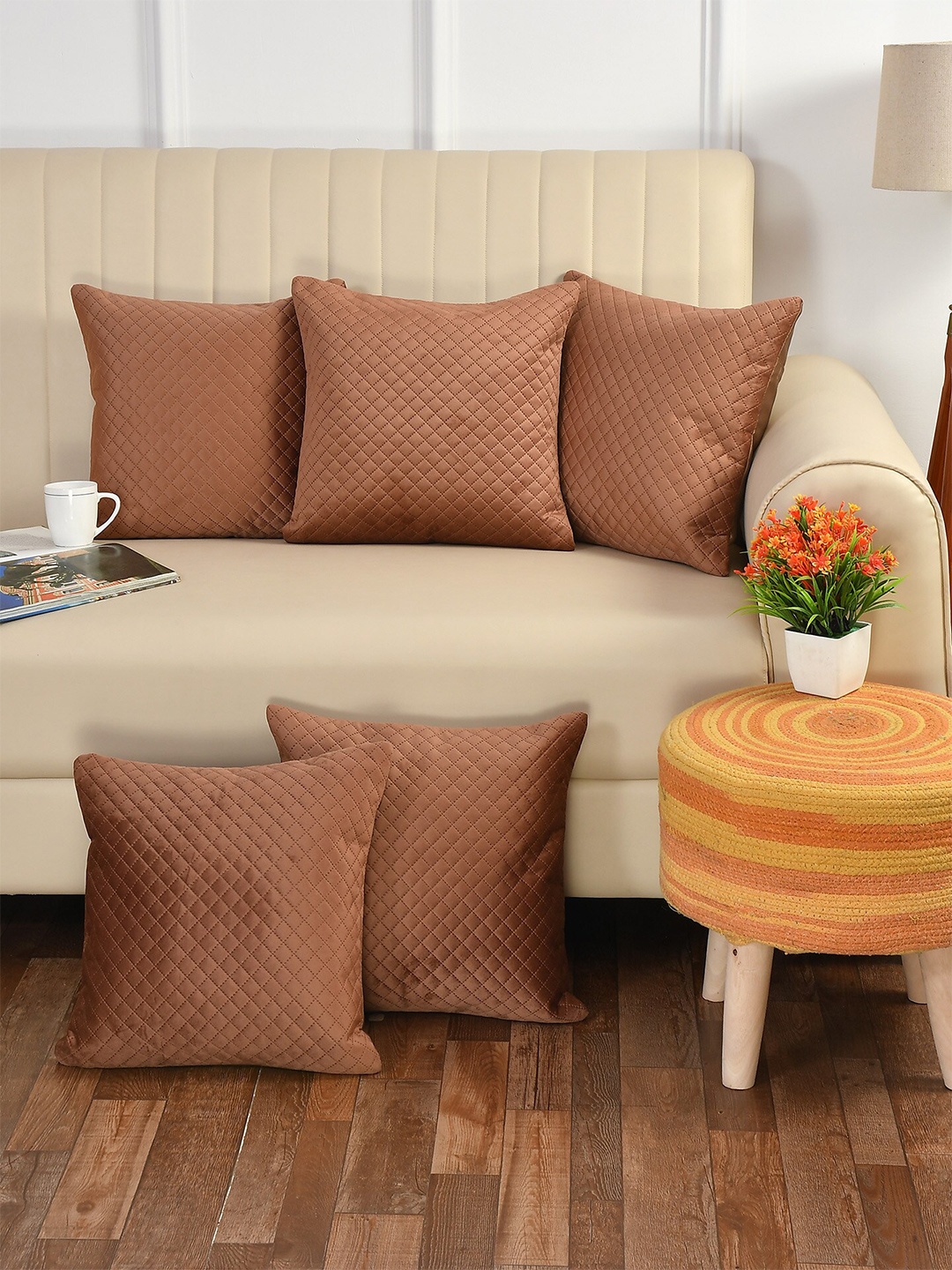 

Bajo's Coffee Brown Set of 5 Checked Square Cushion Covers