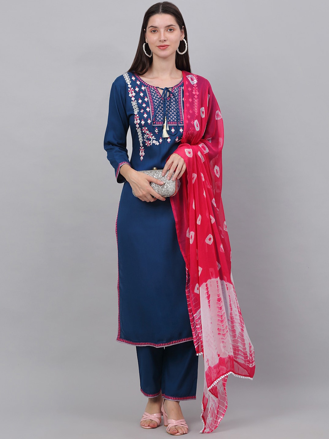

KALINI Women Embroidered Mirror Work Kurti with Trousers & With Dupatta, Blue