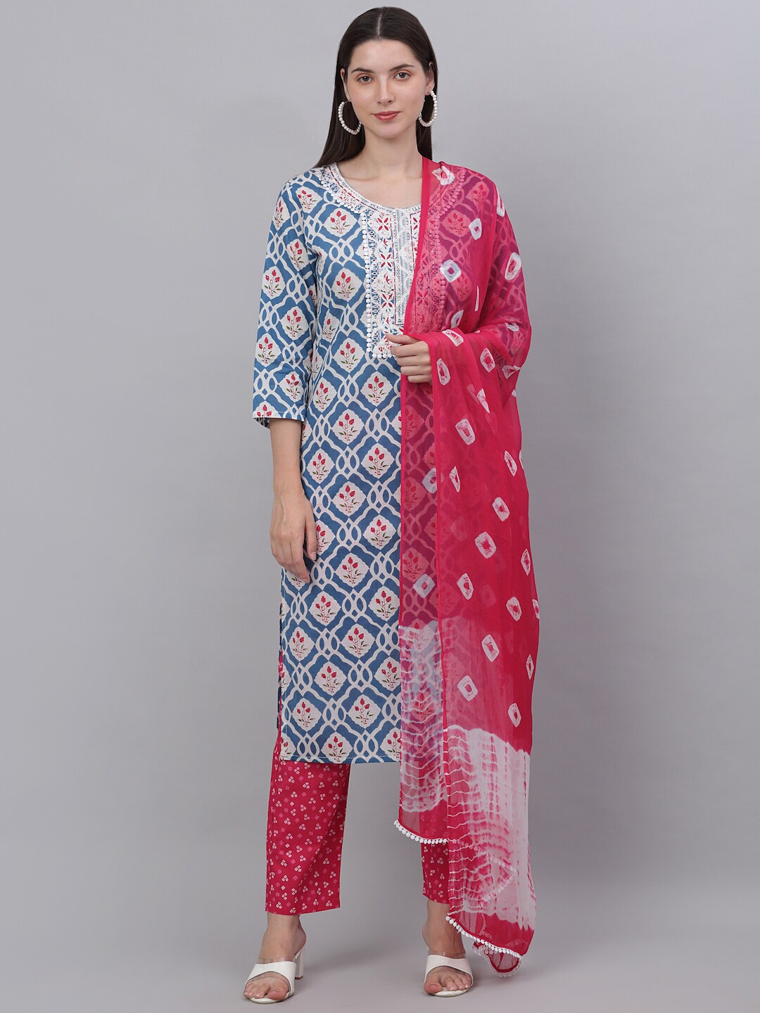 

KALINI Women Blue Ethnic Motifs Printed Sequinned Pure Cotton Kurta with Trousers & With Dupatta