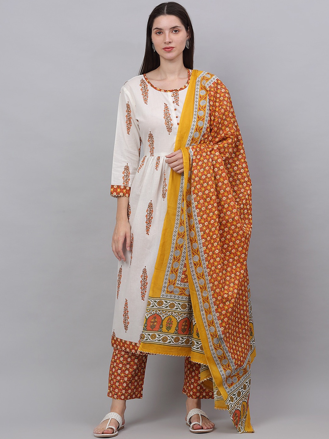 

KALINI Women White Floral Printed Empire Pure Cotton Kurti with Trousers & With Dupatta