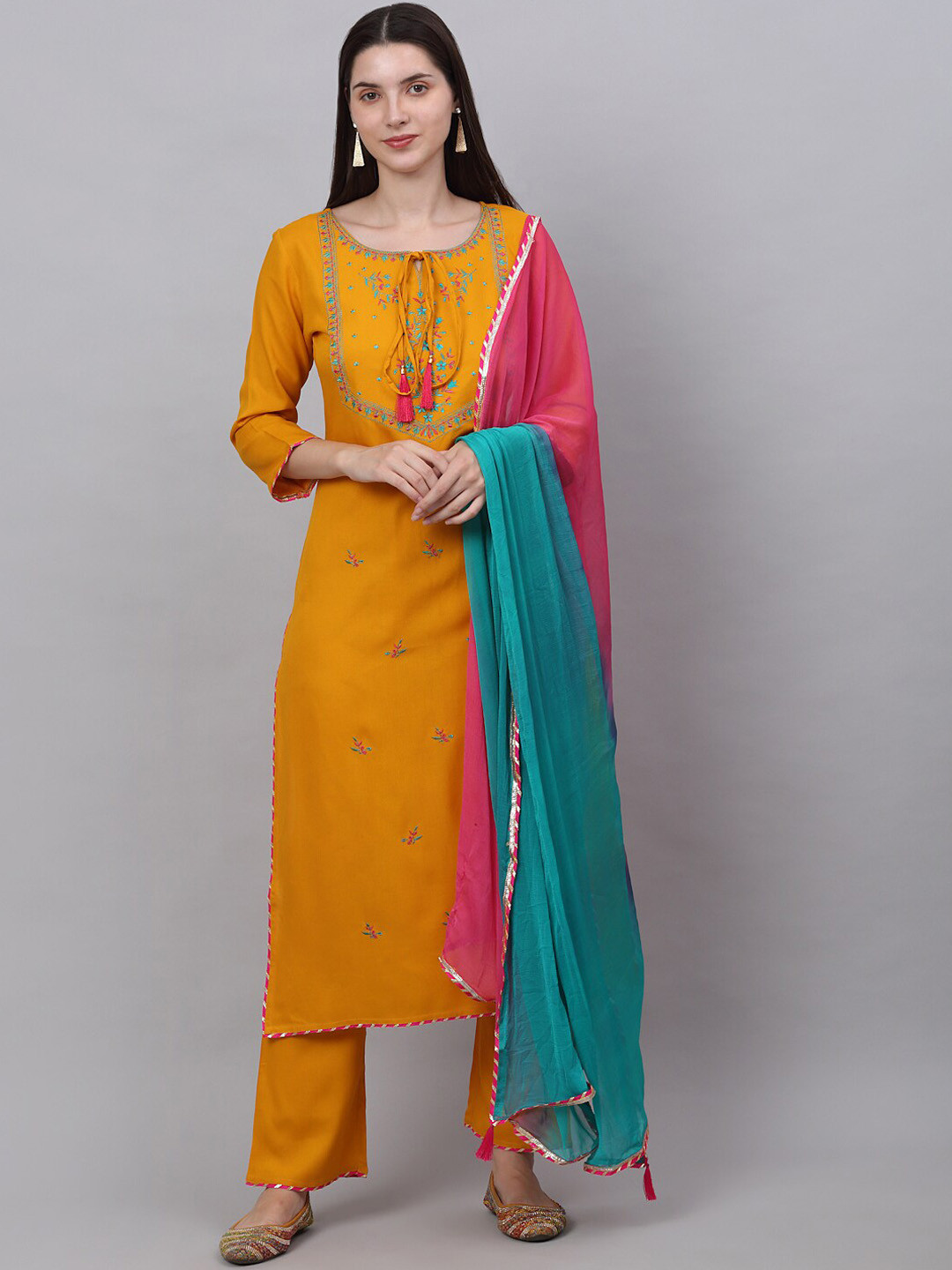 

KALINI Women Mustard Yellow Yoke Design Thread Work Kurta With Trousers With Dupatta