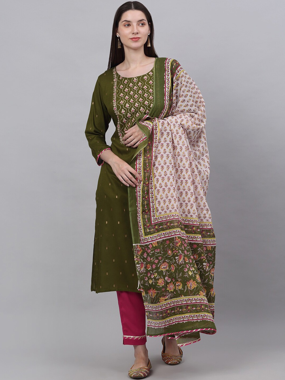 

KALINI Women Embroidered Straight Kurta with Trousers & With Printed Dupatta, Gold