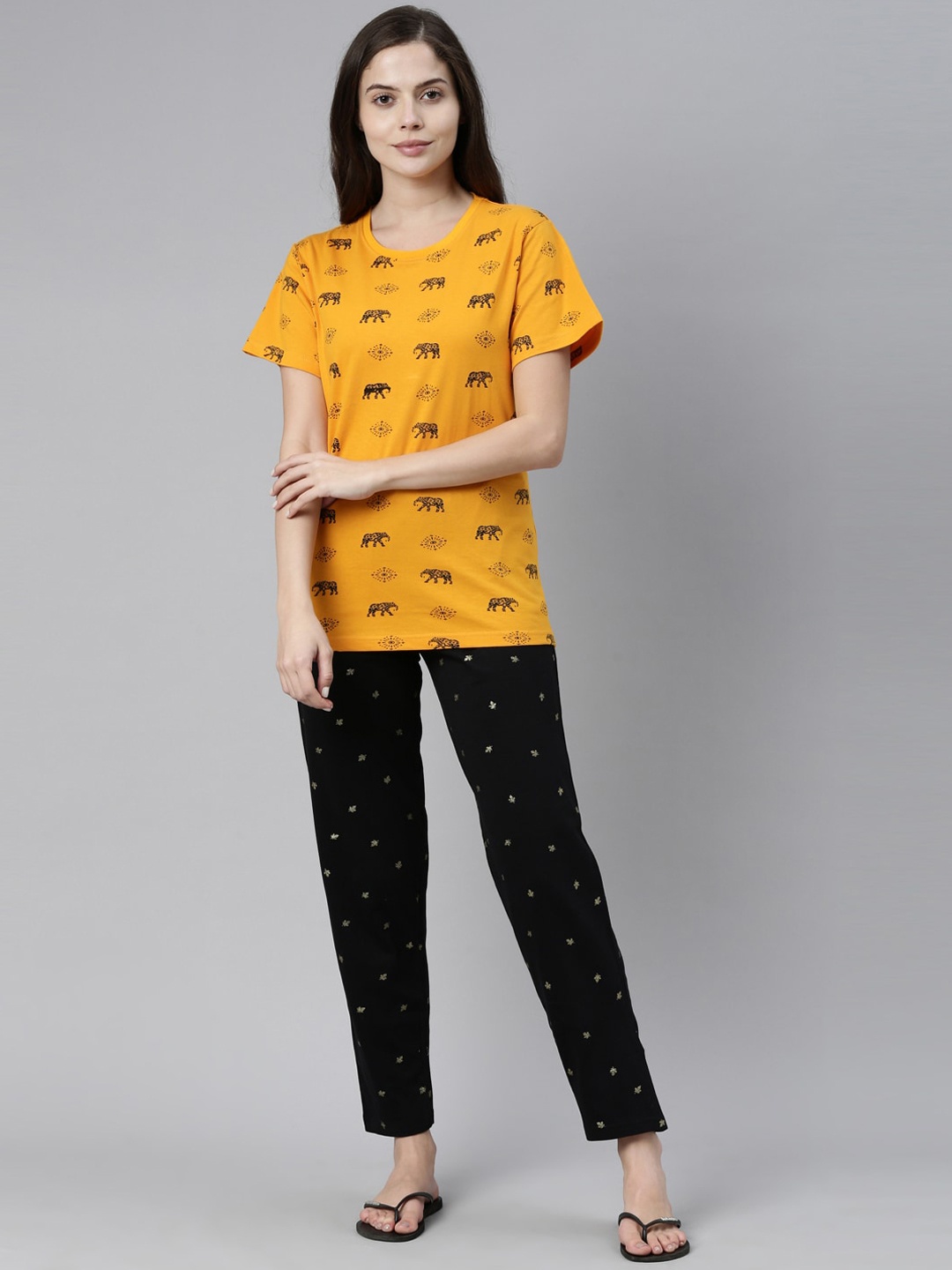 

Kryptic Women Printed Pure Cotton Night suit, Mustard