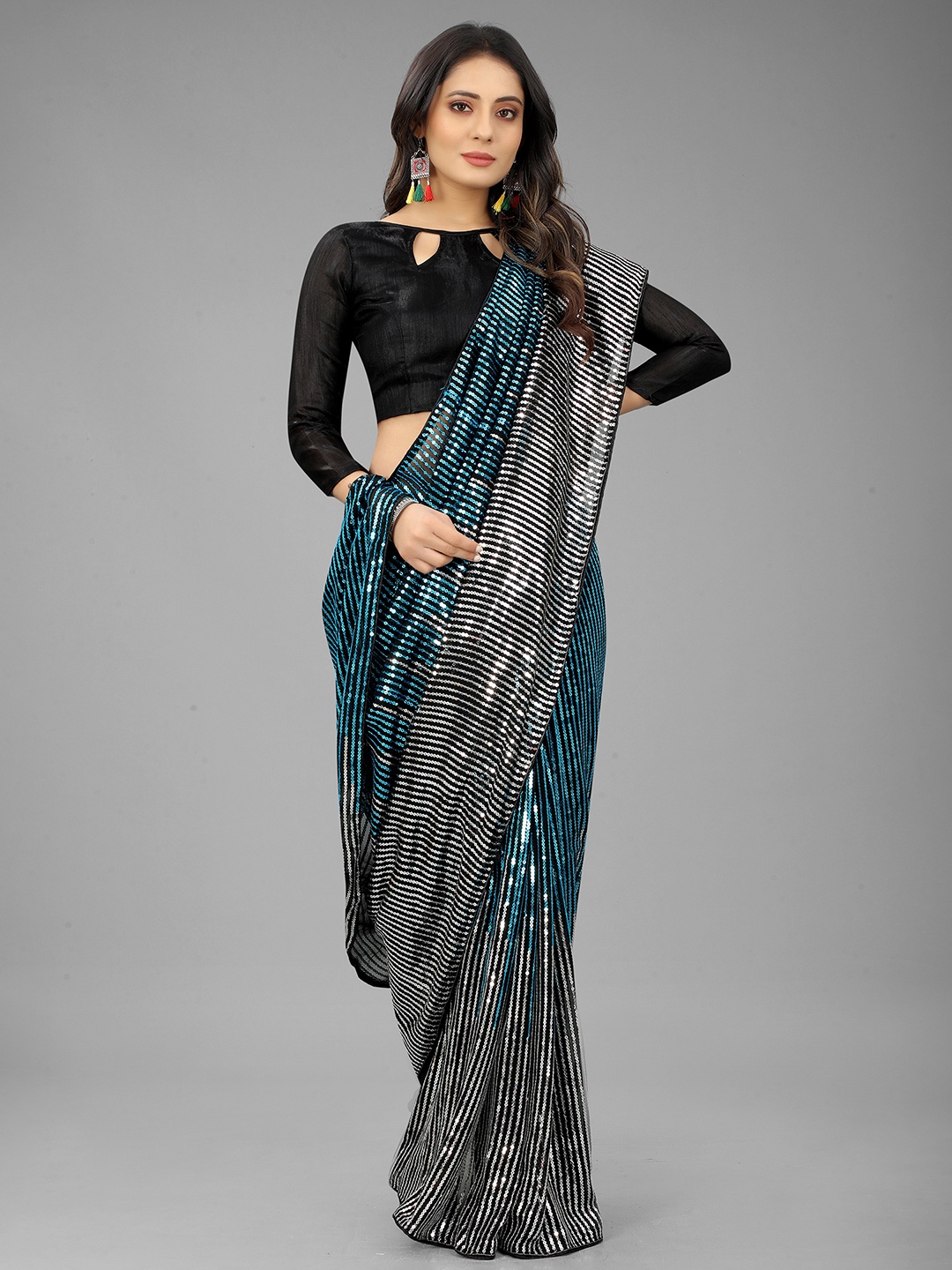 

3BUDDY FASHION Turquoise Blue & Grey Embellished Sequinned Saree