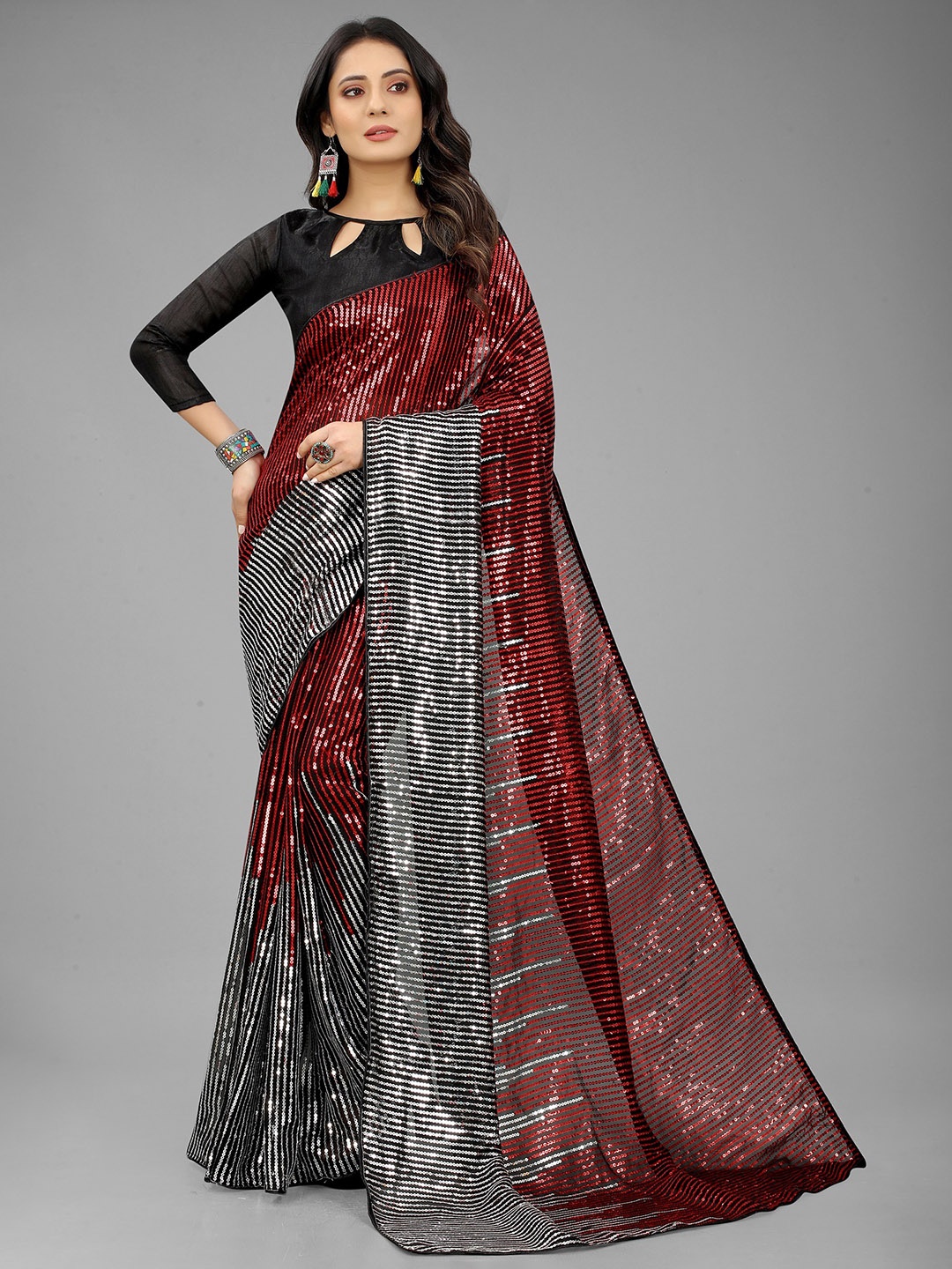 

3BUDDY FASHION Red & Grey Embellished Sequinned Saree