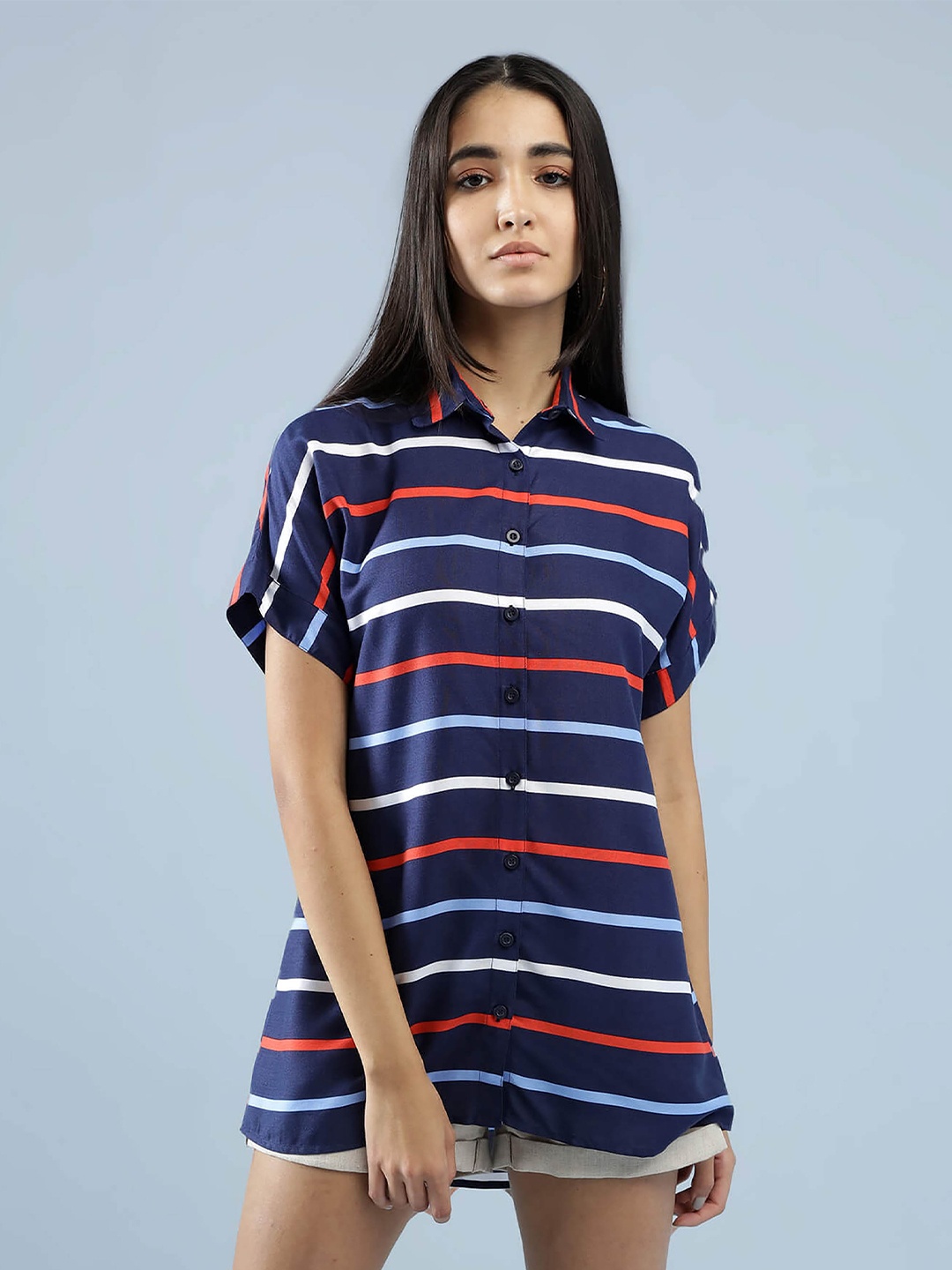 

IDK Blue Women Striped Roll-Up Sleeves Shirt Style Top