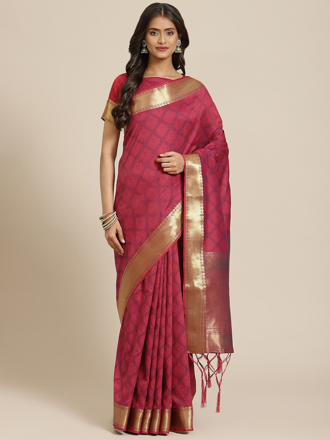 

Sangria Pink & Gold-Toned Ethnic Motifs Zari Silk Blend Banarasi Saree