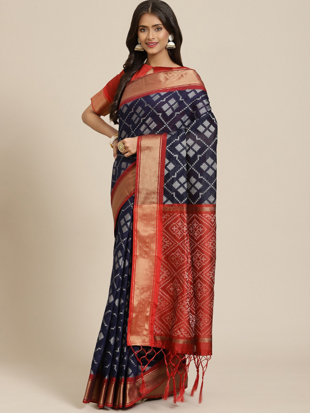 

Sangria Navy Blue & Red Zari Banarasi Saree