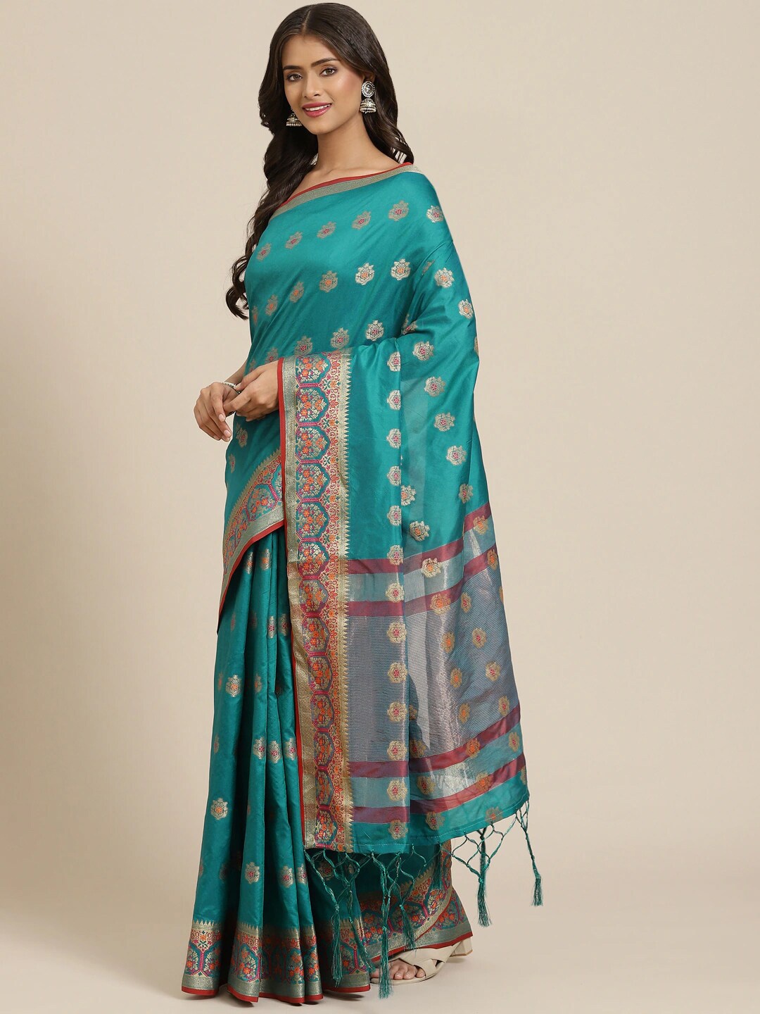 

Sangria Teal & Red Ethnic Motifs Zari Silk Blend Banarasi Saree