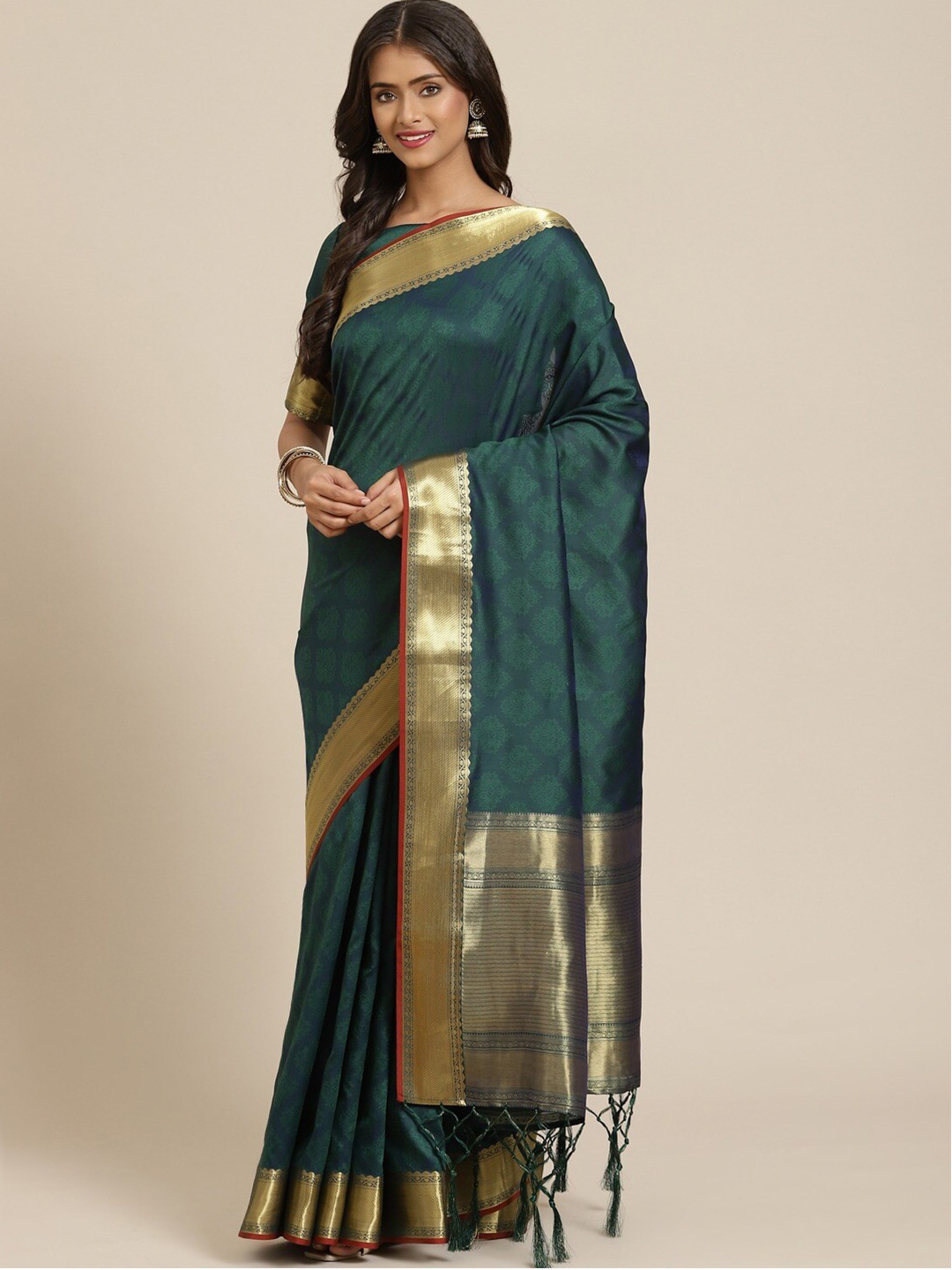 

Sangria Green & Gold-Toned Ethnic Motifs Zari Silk Blend Banarasi Saree