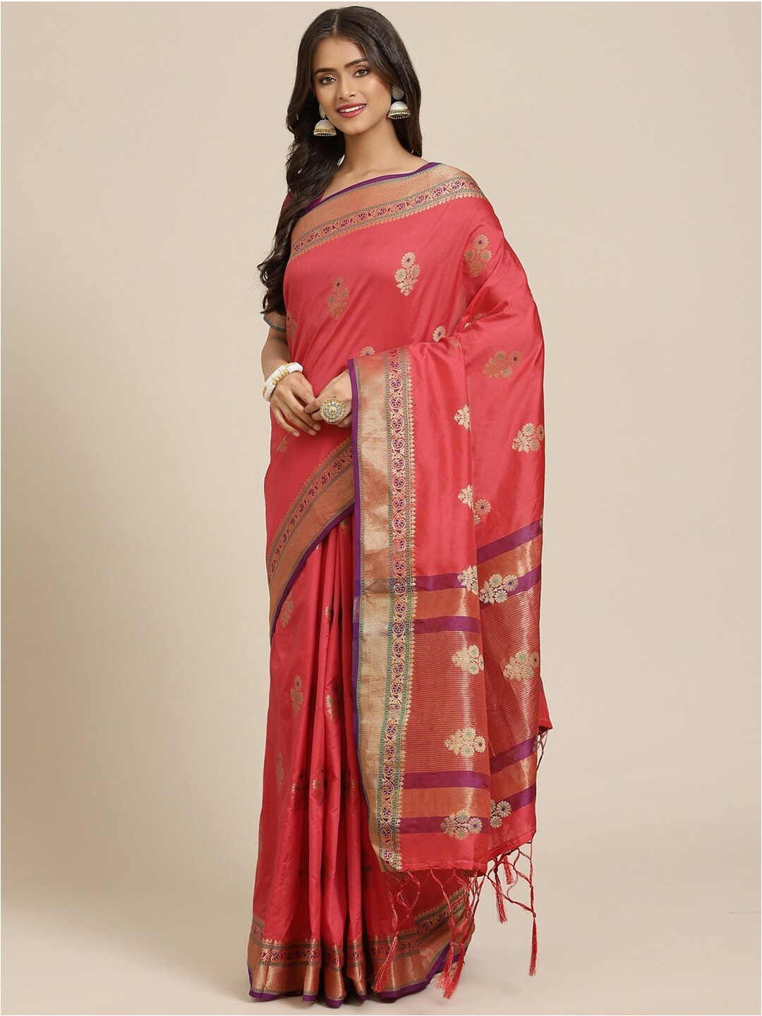 

Sangria Magenta & Gold-Toned Ethnic Motifs Zari Banarasi Saree