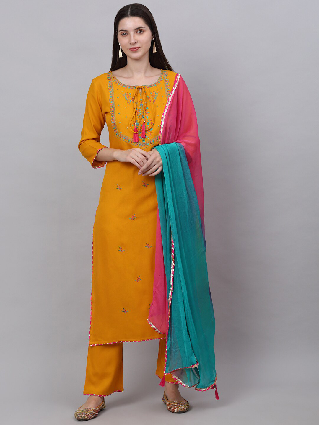 

Kamayra Women Floral Embroidered Yoke Design Kurta With Trouser And Dupatta, Mustard