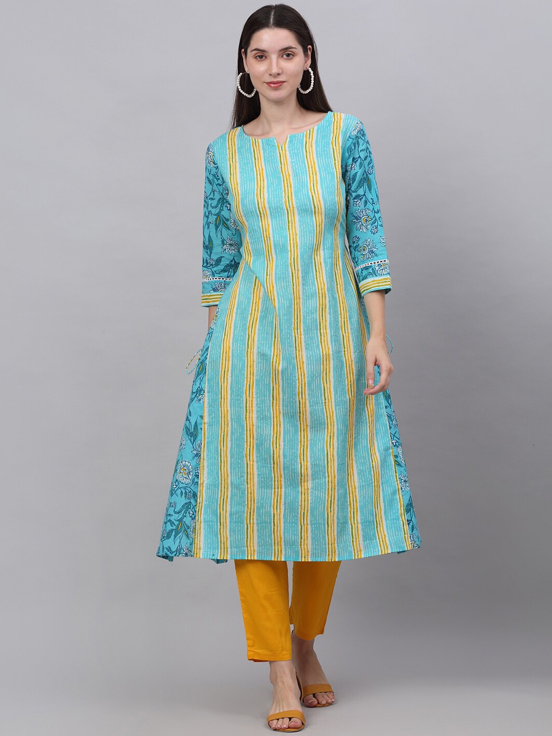 

Kamayra Women Striped Panelled Pure Cotton Kurta With Trousers, Turquoise blue