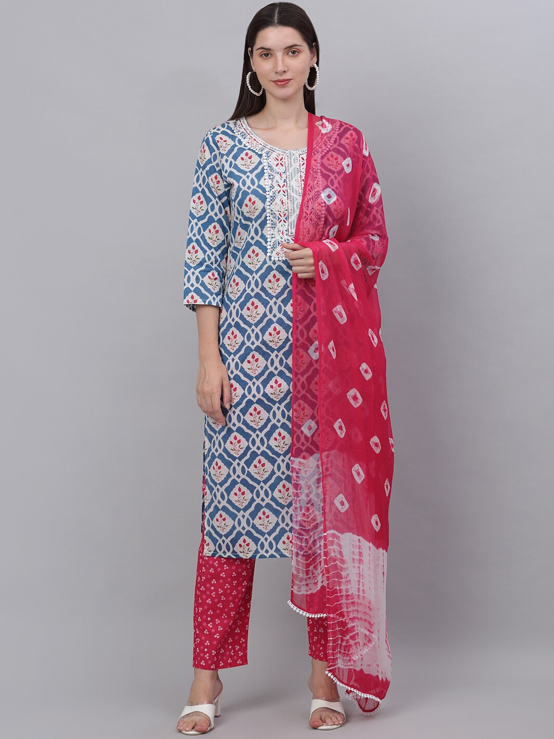 

Kamayra Women Ethnic Motifs Printed Pure Cotton Kurta with Trouser & With Dupatta, Blue