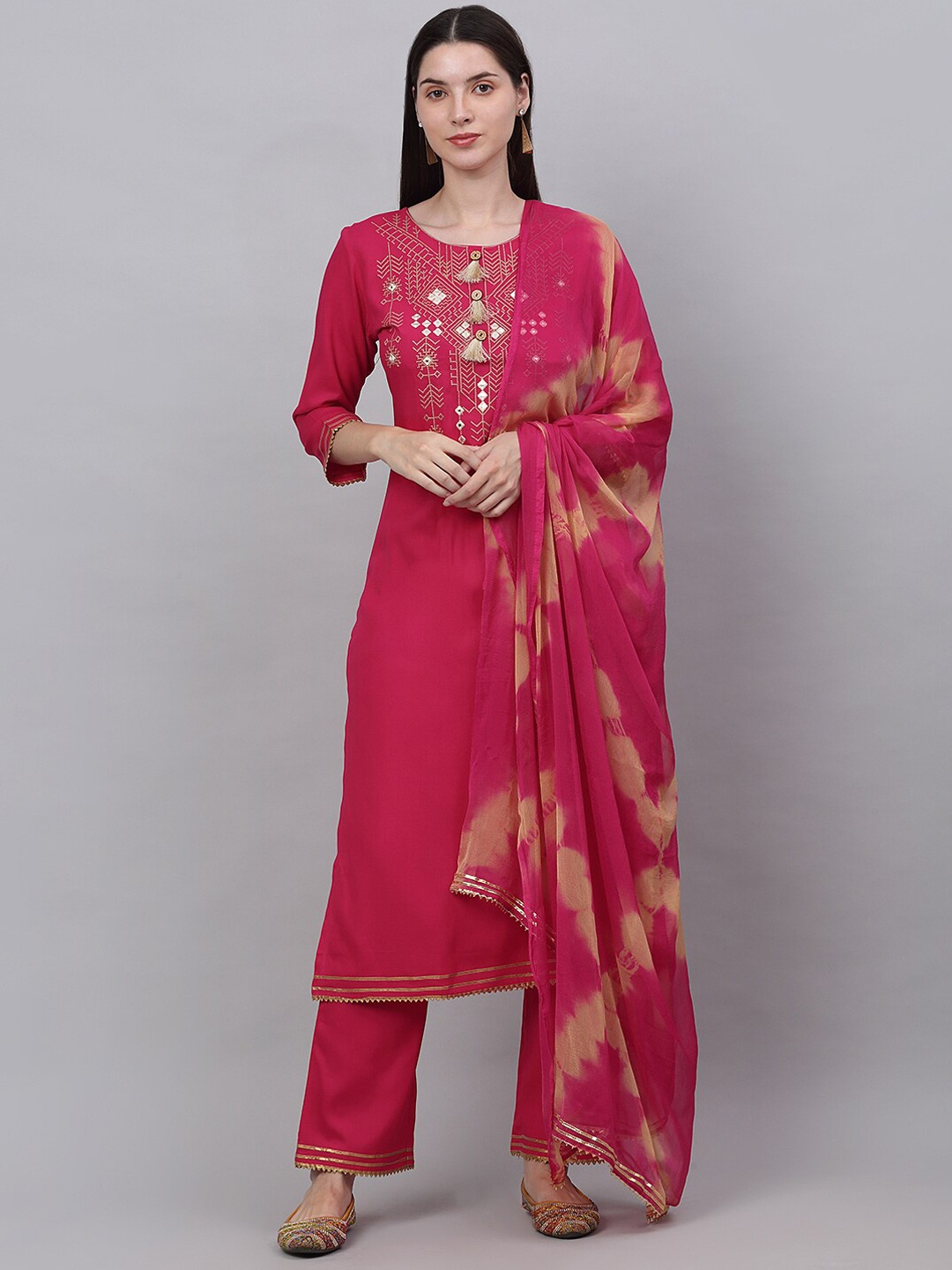 

Kamayra Women Pink Embroidered Mirror Work Kurta with Trousers & With Dupatta