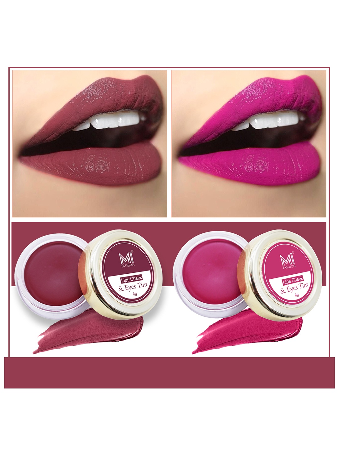 

MI FASHION Set Of 2 Natural 3 In 1 Lips Cheek & Eyes Tint 8g Each- Beetroot & Magenta Pink, Purple