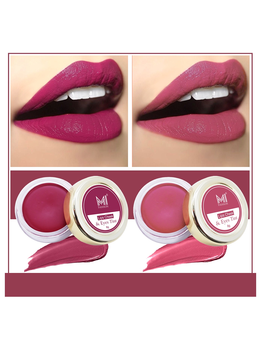 

MI FASHION Set Of 2 Natural Lips Cheek & Eyes Tint 8g Each- Deep Carmine Pink Red & Peach, Purple