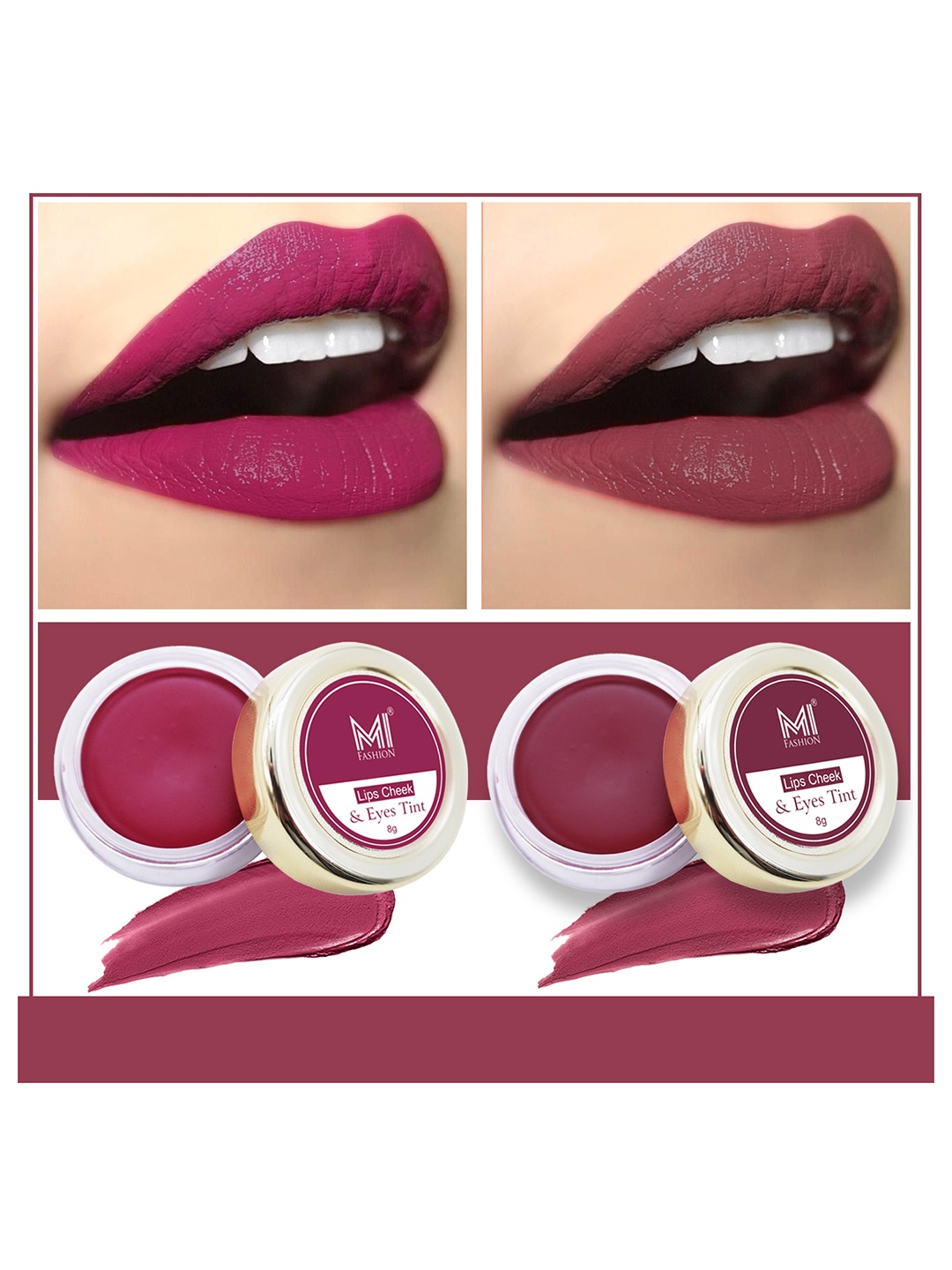 

MI FASHION Set Of 2 Lips Cheek & Eyes Tint 8g Each- Deep Carmine Pink Red & Beetroot, Purple