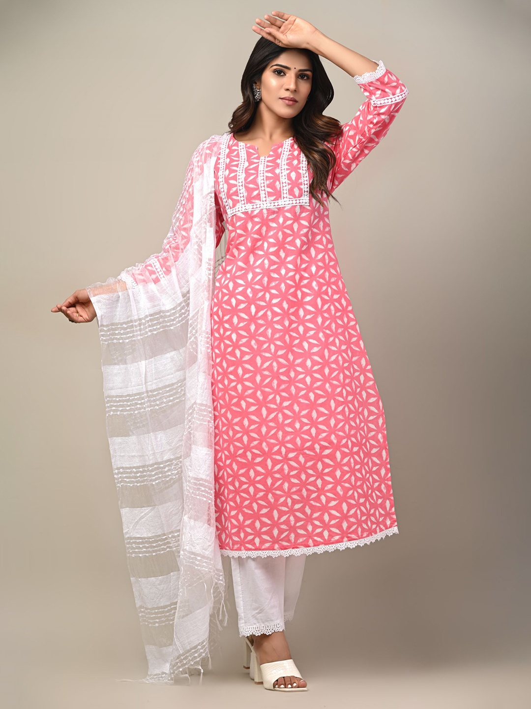 

DHRTI Women Pink Printed Pure Cotton Kurta with Trousers & With Dupatta