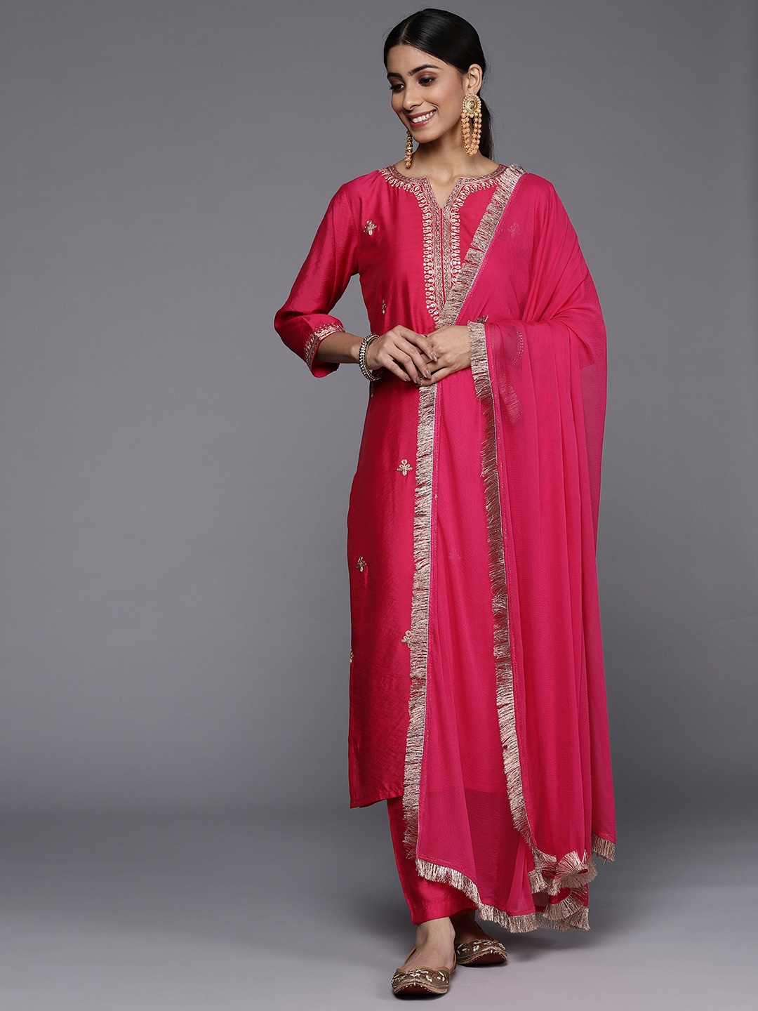 

Varanga Women Pink Yoke Design Kurta with Trousers & With Dupatta